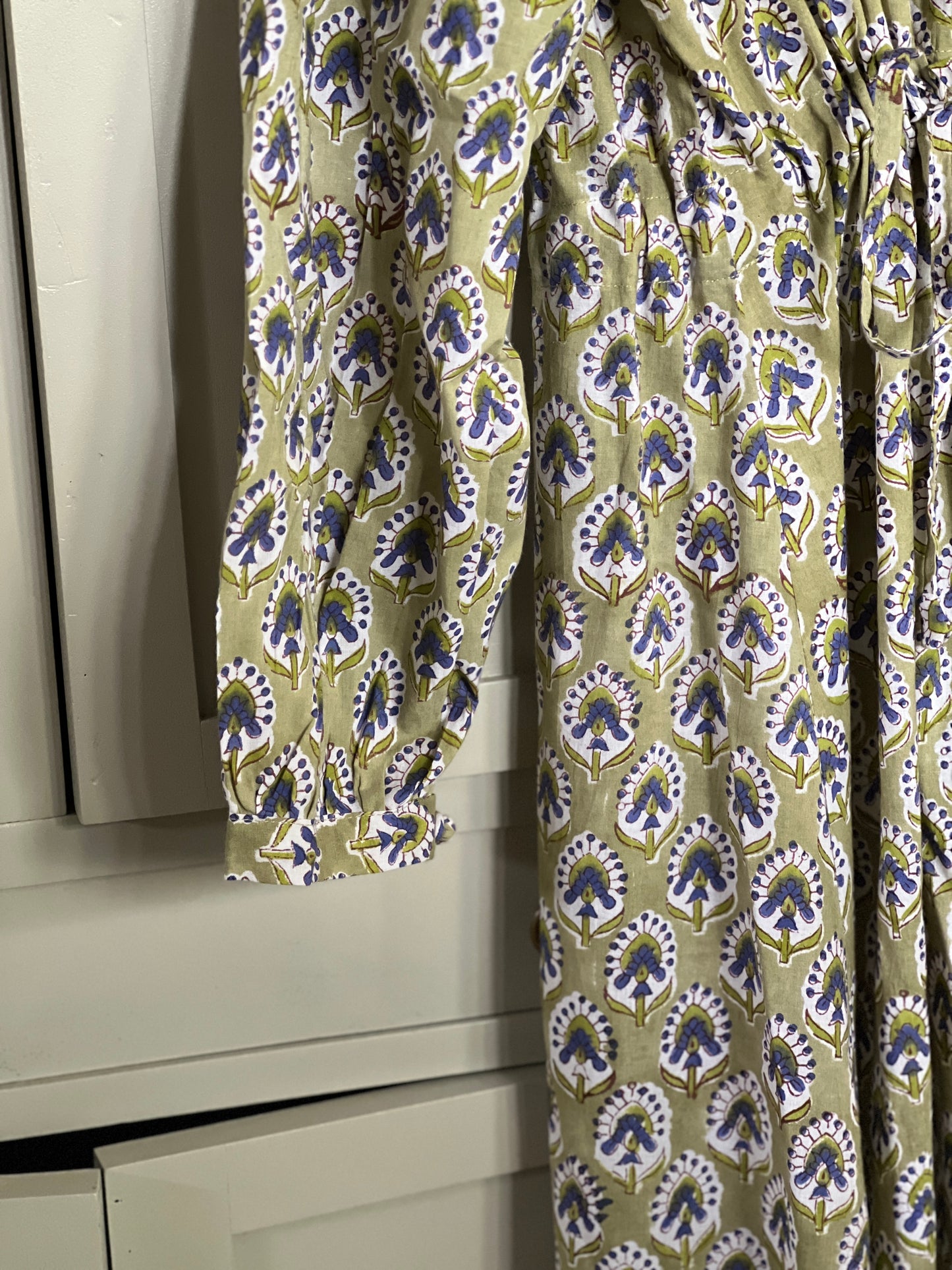 LONG FLORAL BLOCK PRINT GREEN DRESS