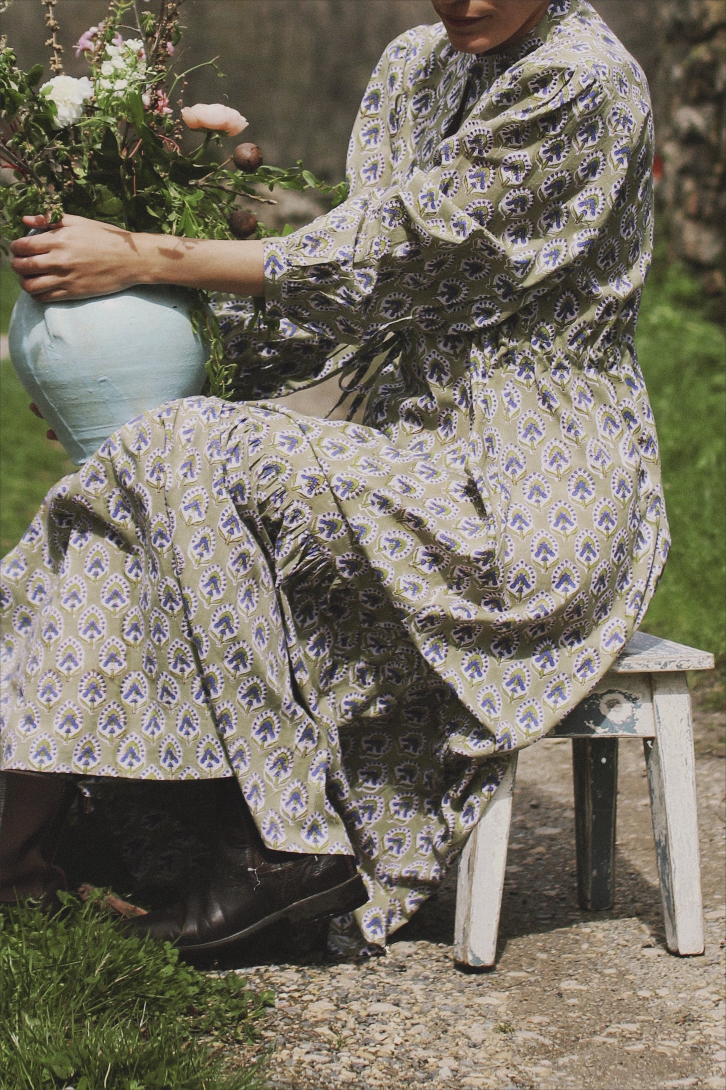 LONG FLORAL BLOCK PRINT GREEN DRESS