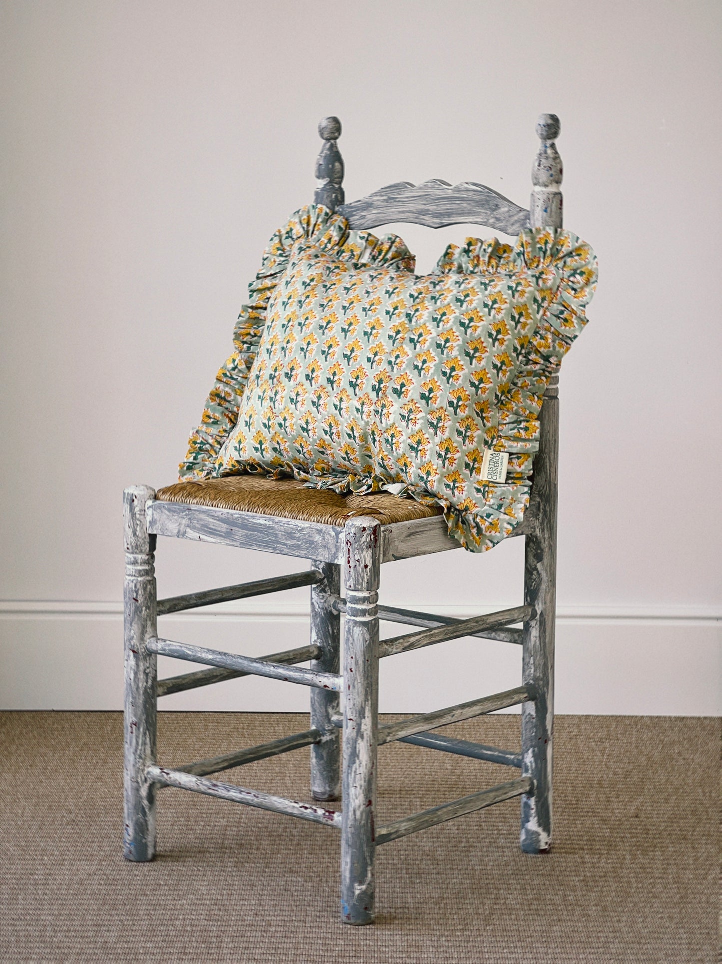 CUSHION RUFFLES BLOCK PRINT FLORAL GREEN YELLOW