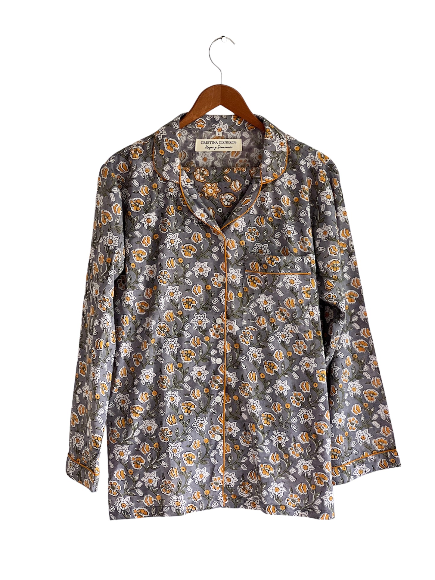 GRAY BLOCK PRINT LONG SLEEVE PAJAMAS