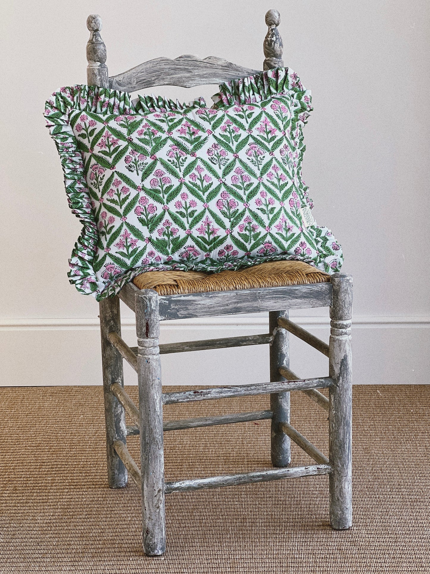 GREEN FLORAL BLOCK PRINT RUFFLE CUSHION