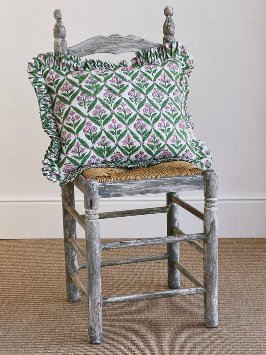GREEN FLORAL BLOCK PRINT RUFFLE CUSHION