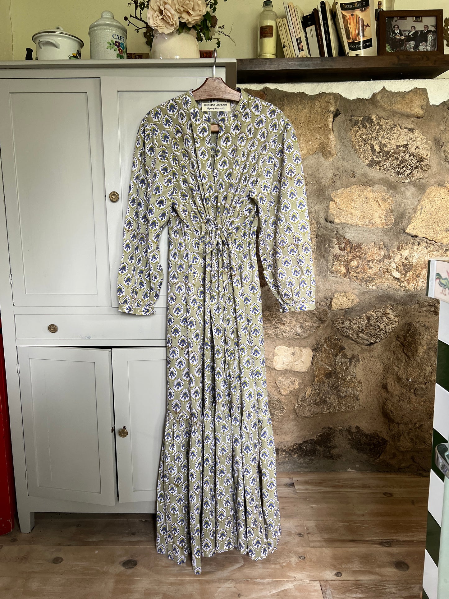 LONG FLORAL BLOCK PRINT GREEN DRESS