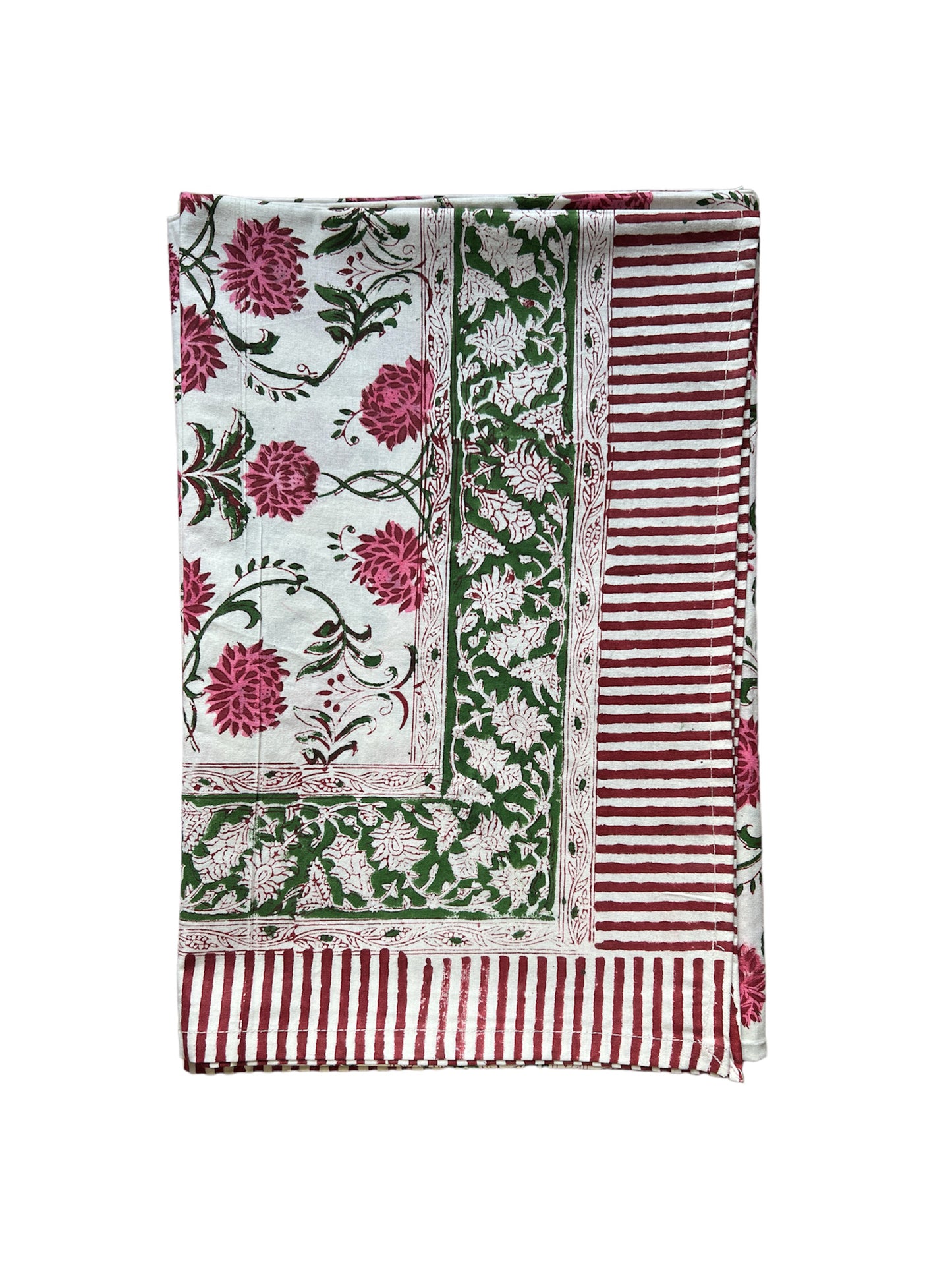 BLOCK PRINT FLORAL TABLECLOTH PINK GREEN