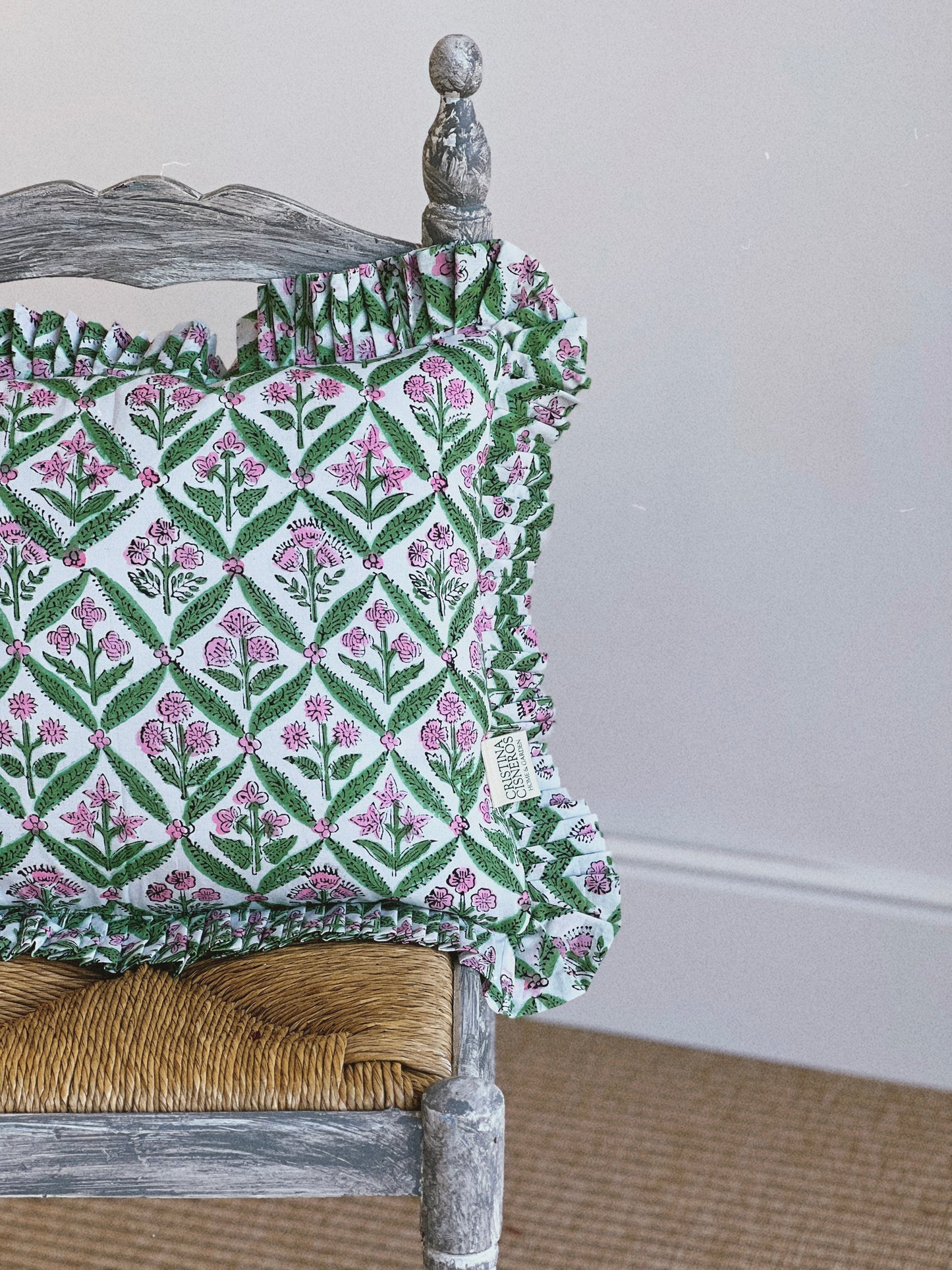 GREEN FLORAL BLOCK PRINT RUFFLE CUSHION