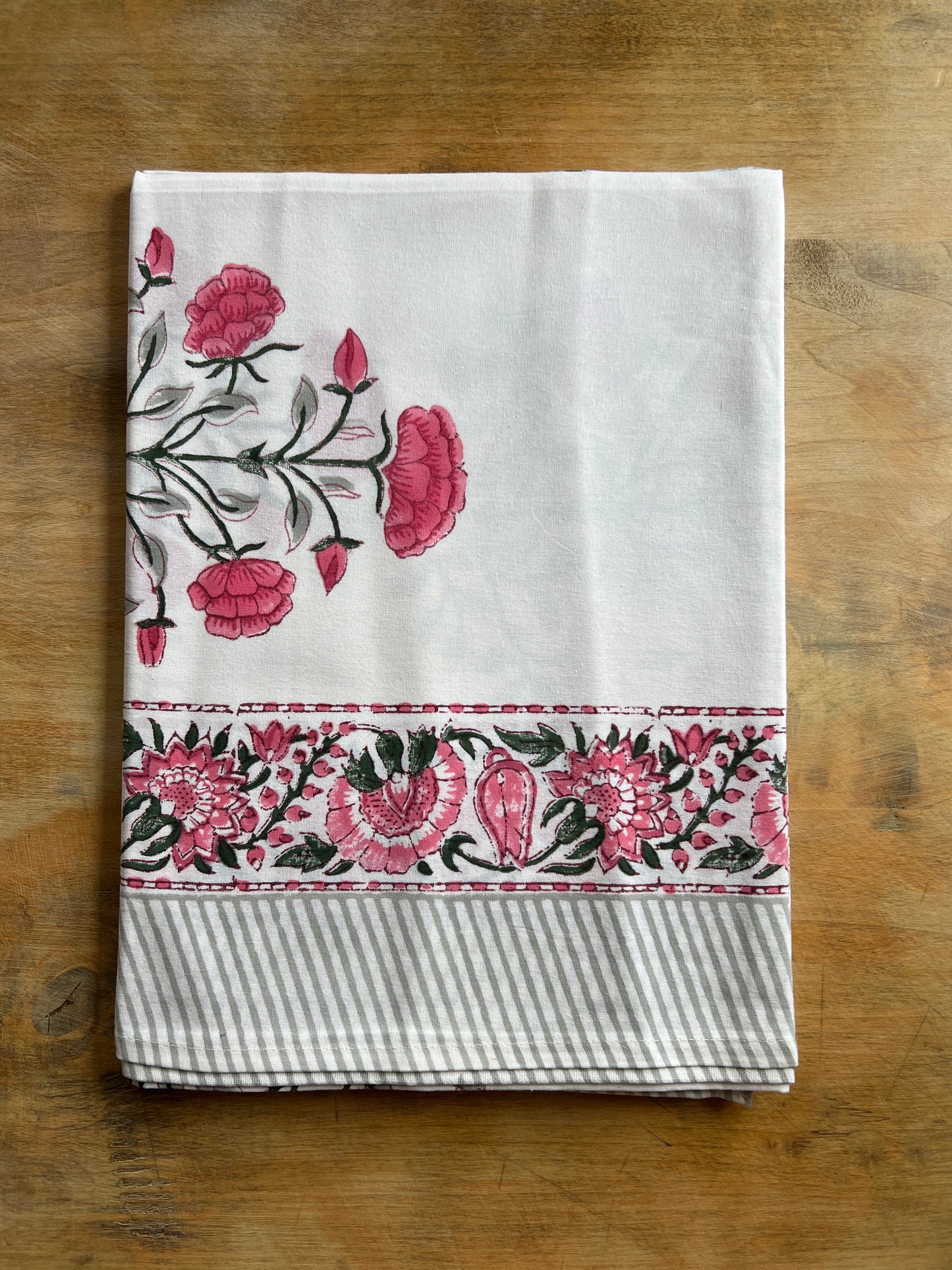 FLORAL TABLECLOTH BLOCK PRINT WHITE PINK
