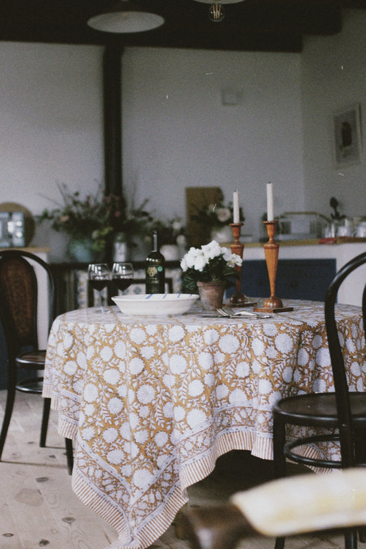 FLORAL TABLECLOTH BLOCK PRINT YELLOW OCHER