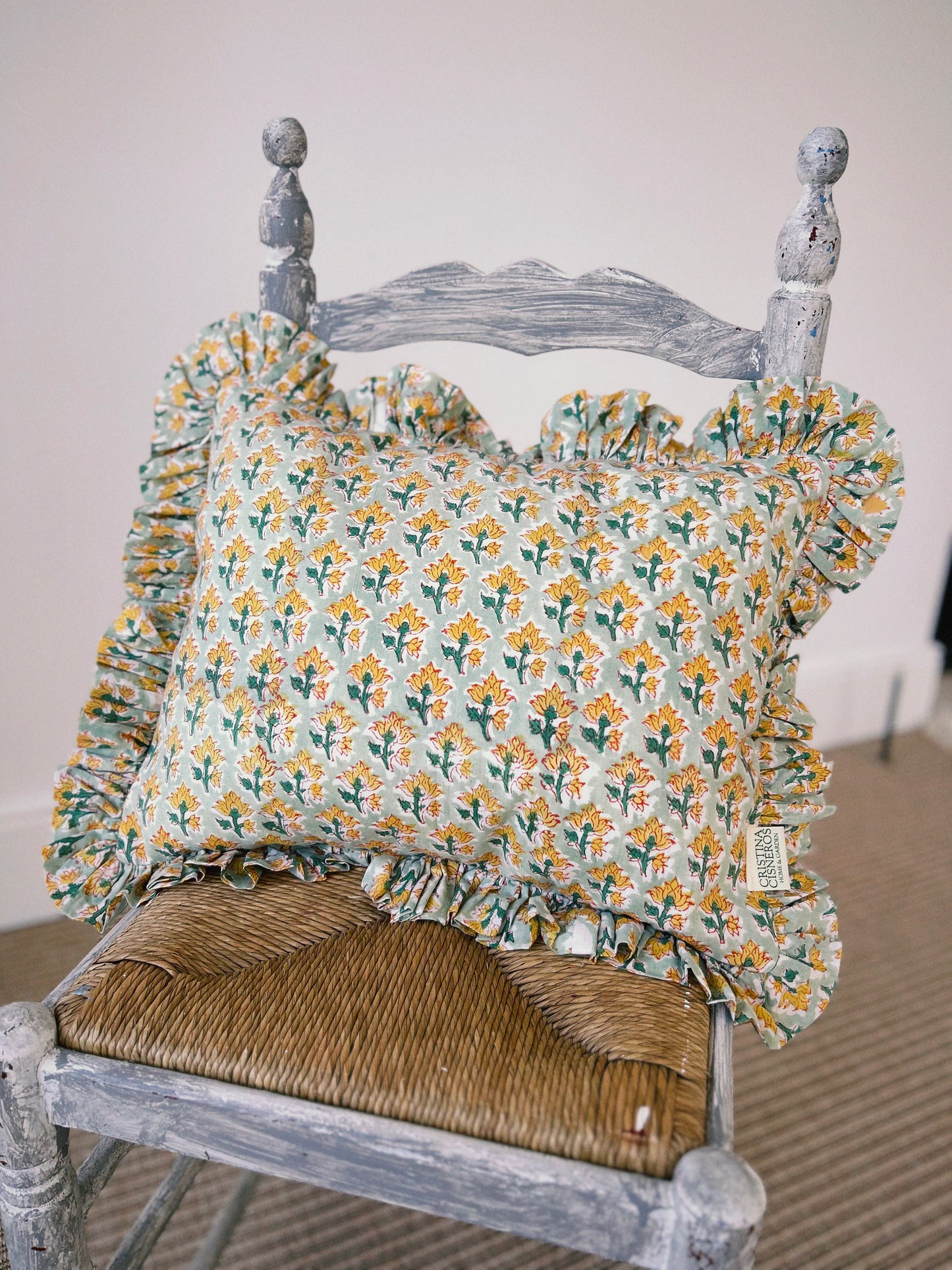 CUSHION RUFFLES BLOCK PRINT FLORAL GREEN YELLOW