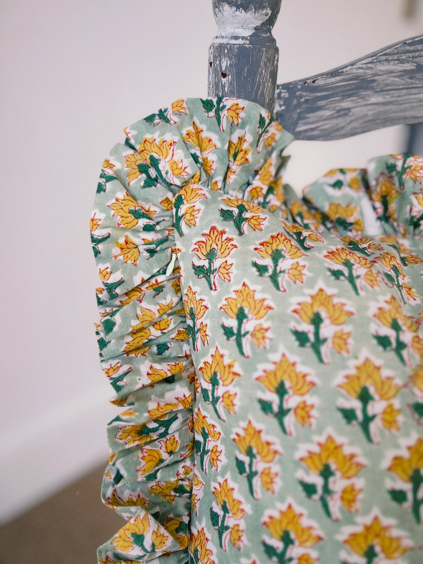 CUSHION RUFFLES BLOCK PRINT FLORAL GREEN YELLOW