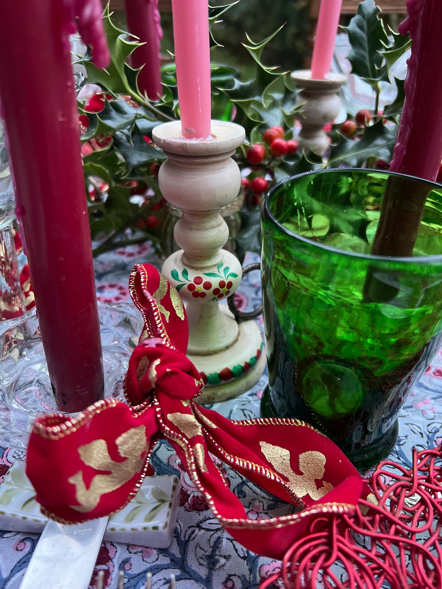 HAND PAINTED WOODEN CANDLE HOLDER SMALL CANDLE