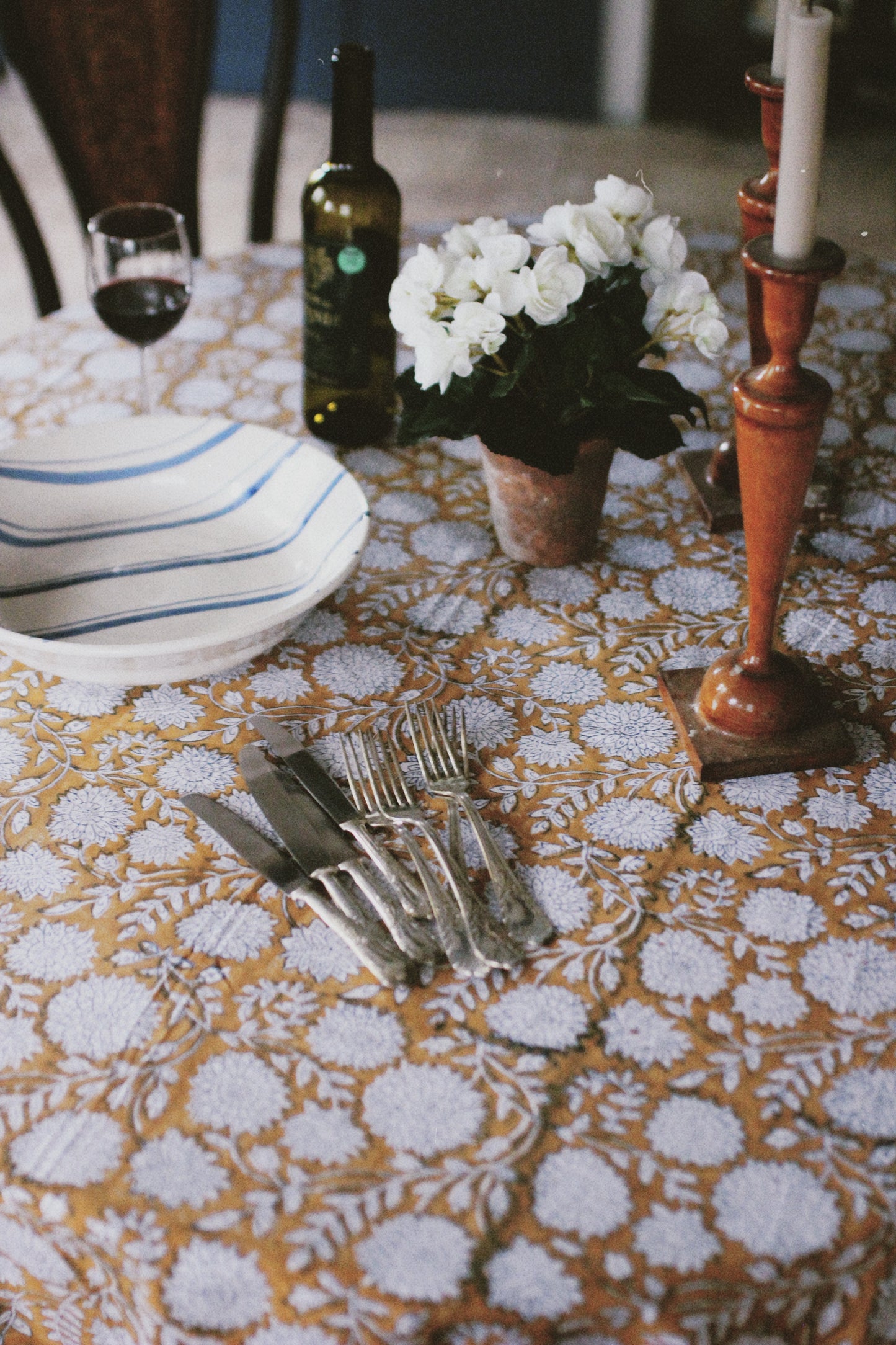 FLORAL TABLECLOTH BLOCK PRINT YELLOW OCHER