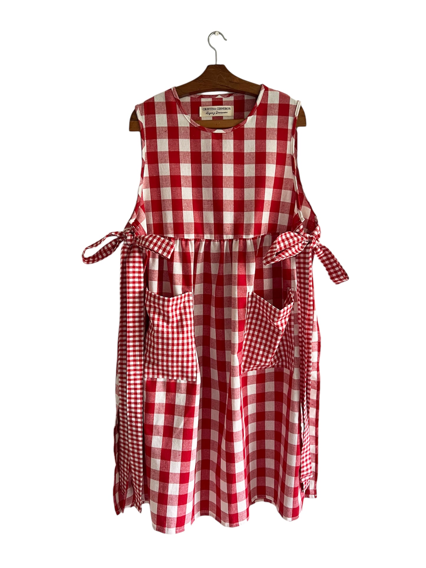 RED VICHY LINEN APRON WITH BOW