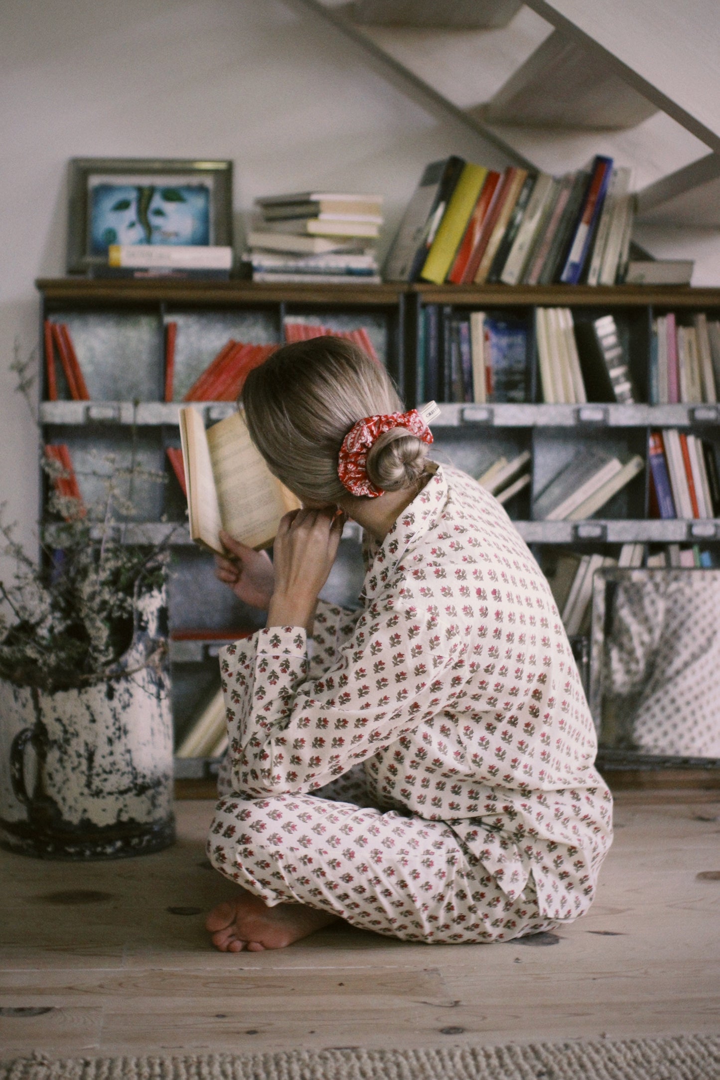 BLOCK PRINT LONG SLEEVE PAJAMAS BEIGE PINK