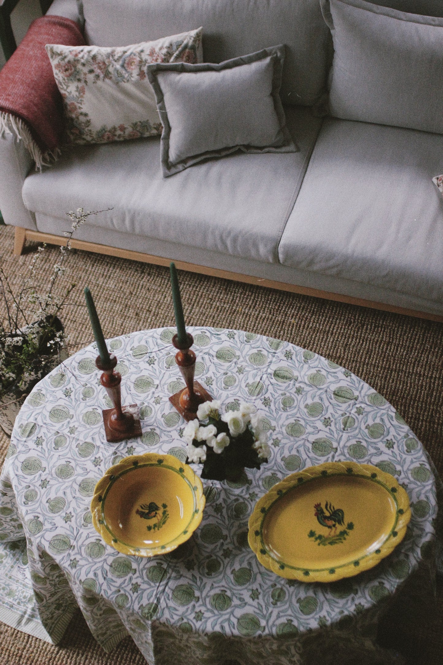 BLOCK PRINT FLORAL TABLECLOTH GREEN