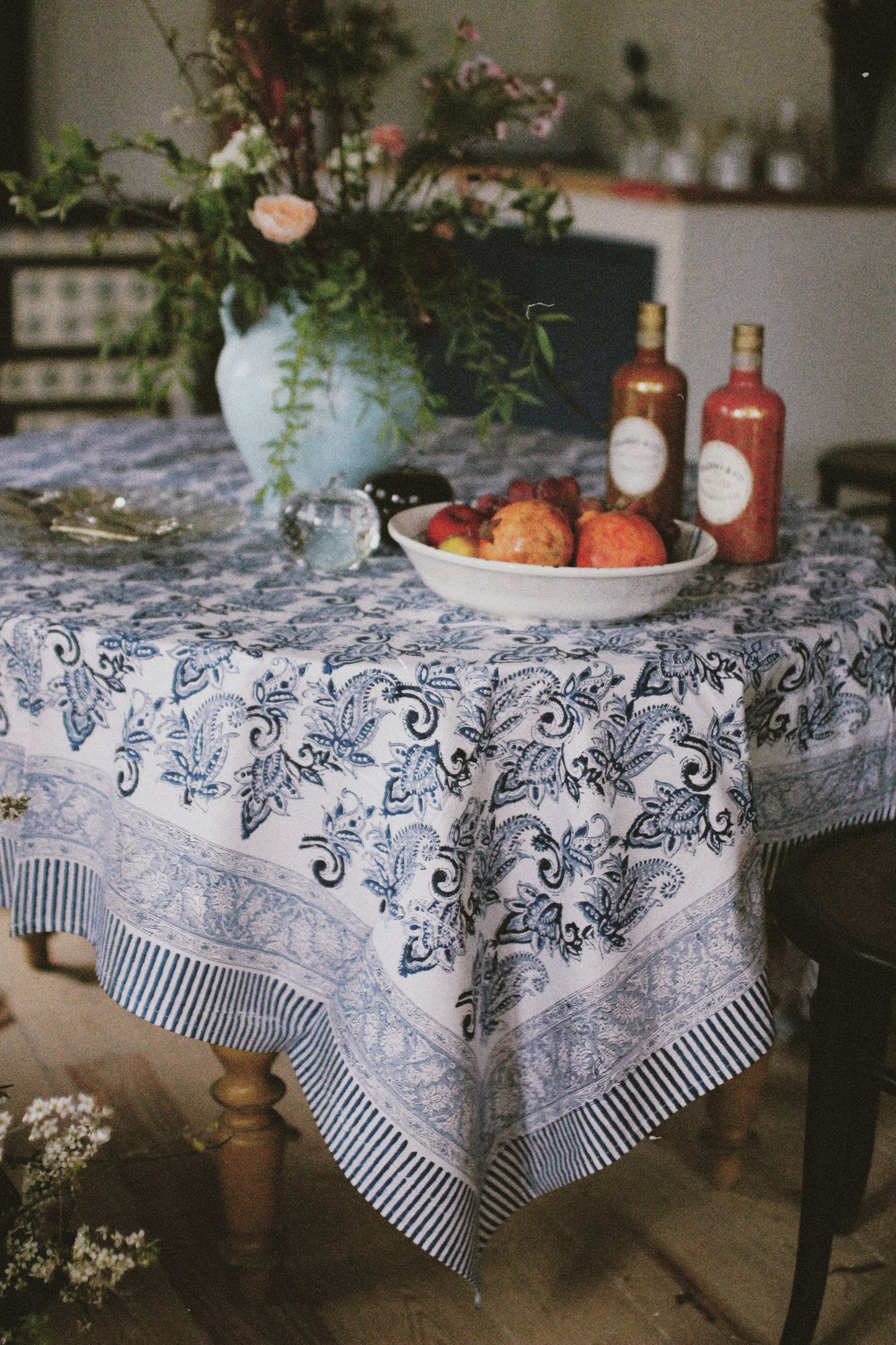 BLUE FLORAL BLOCK PRINT TABLECLOTH