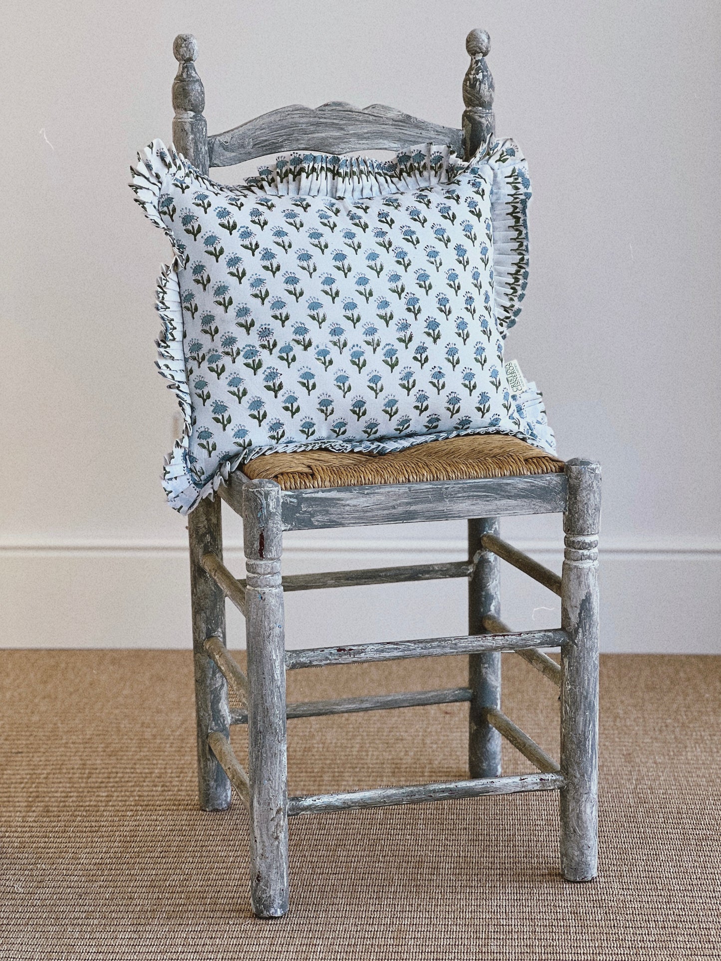 BLUE GREEN FLORAL BLOCK PRINT RUFFLE CUSHION