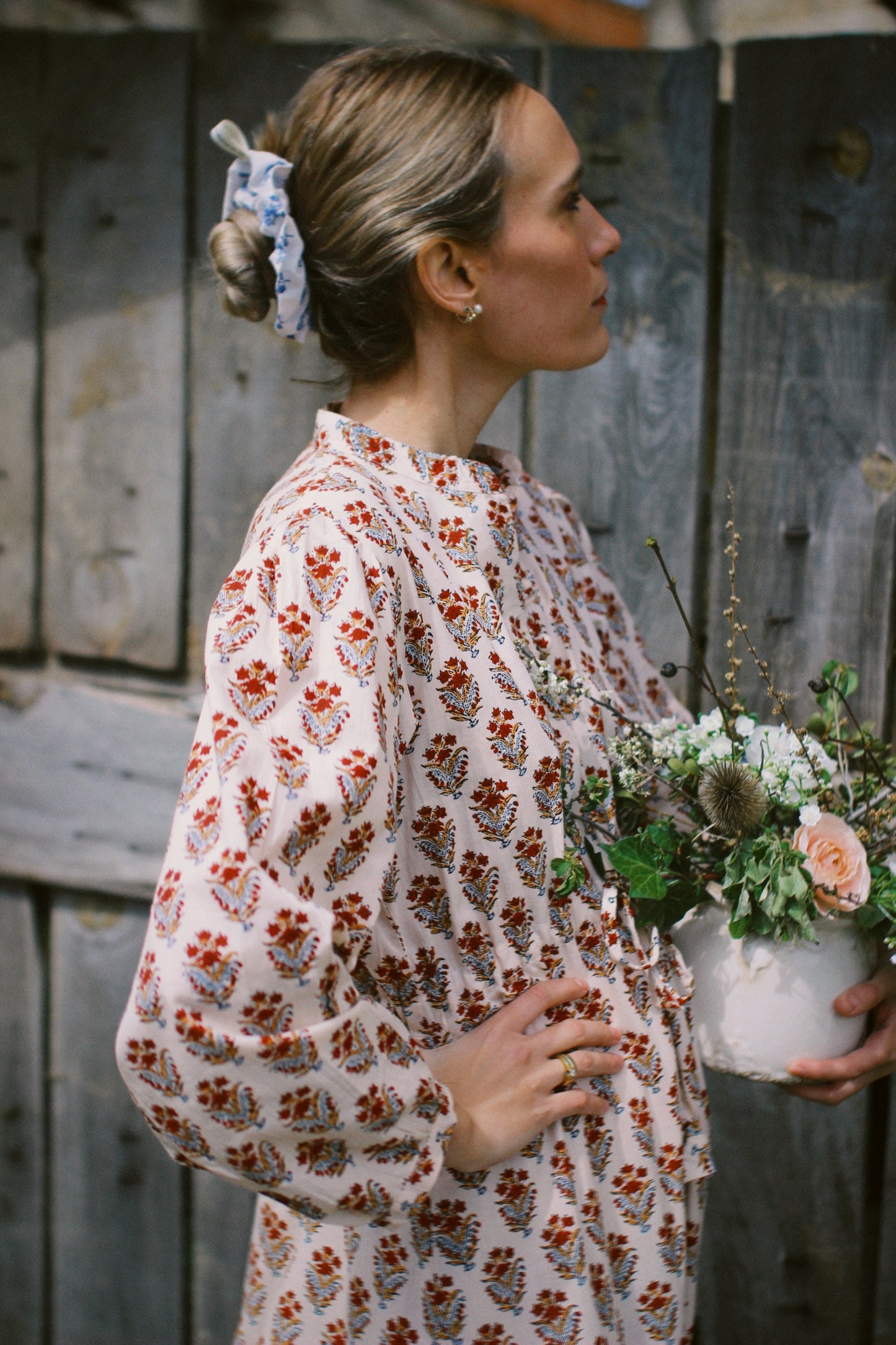 LONG FLORAL BLOCK PRINT BEIGE RED DRESS
