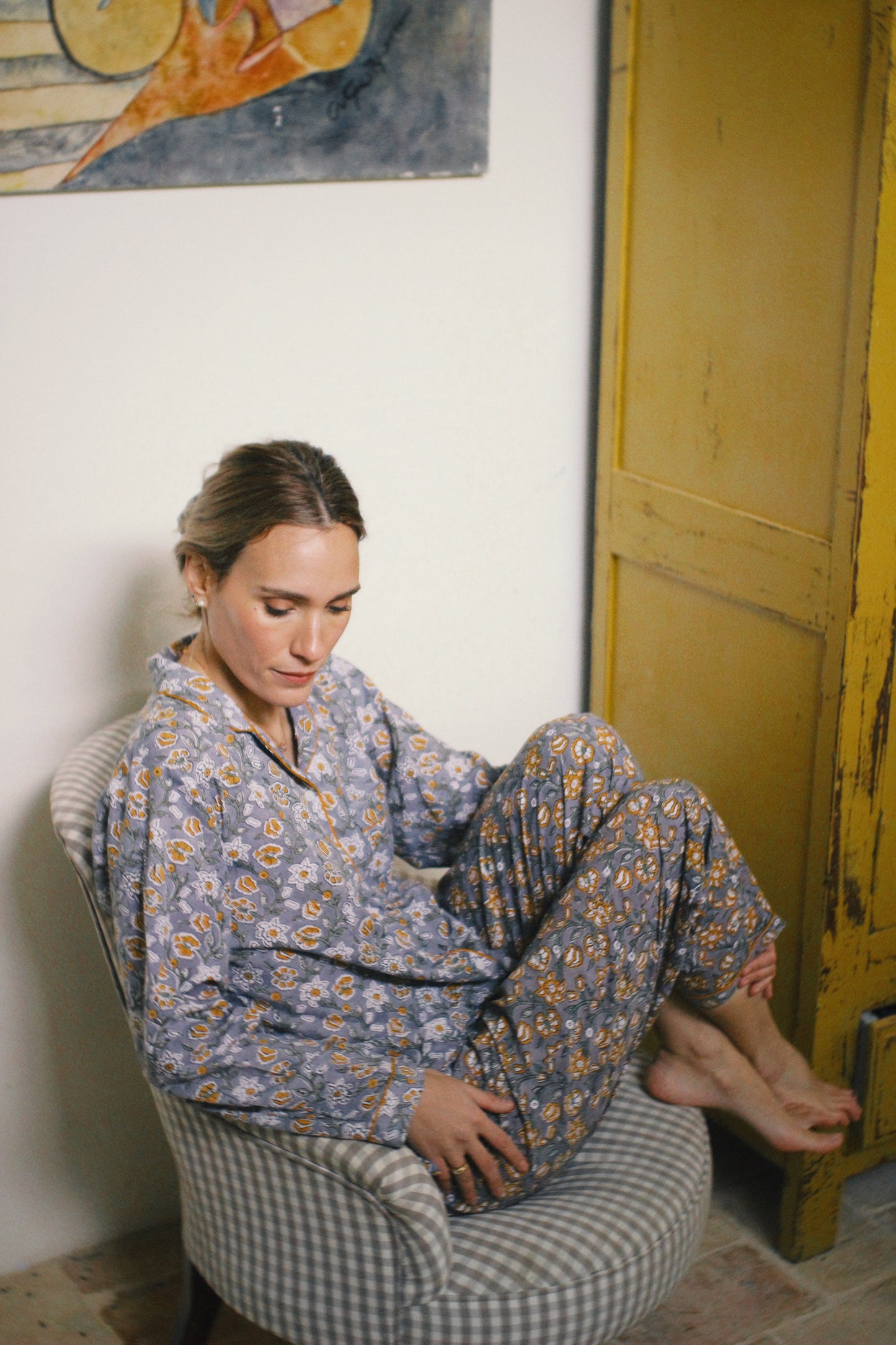 GRAY BLOCK PRINT LONG SLEEVE PAJAMAS