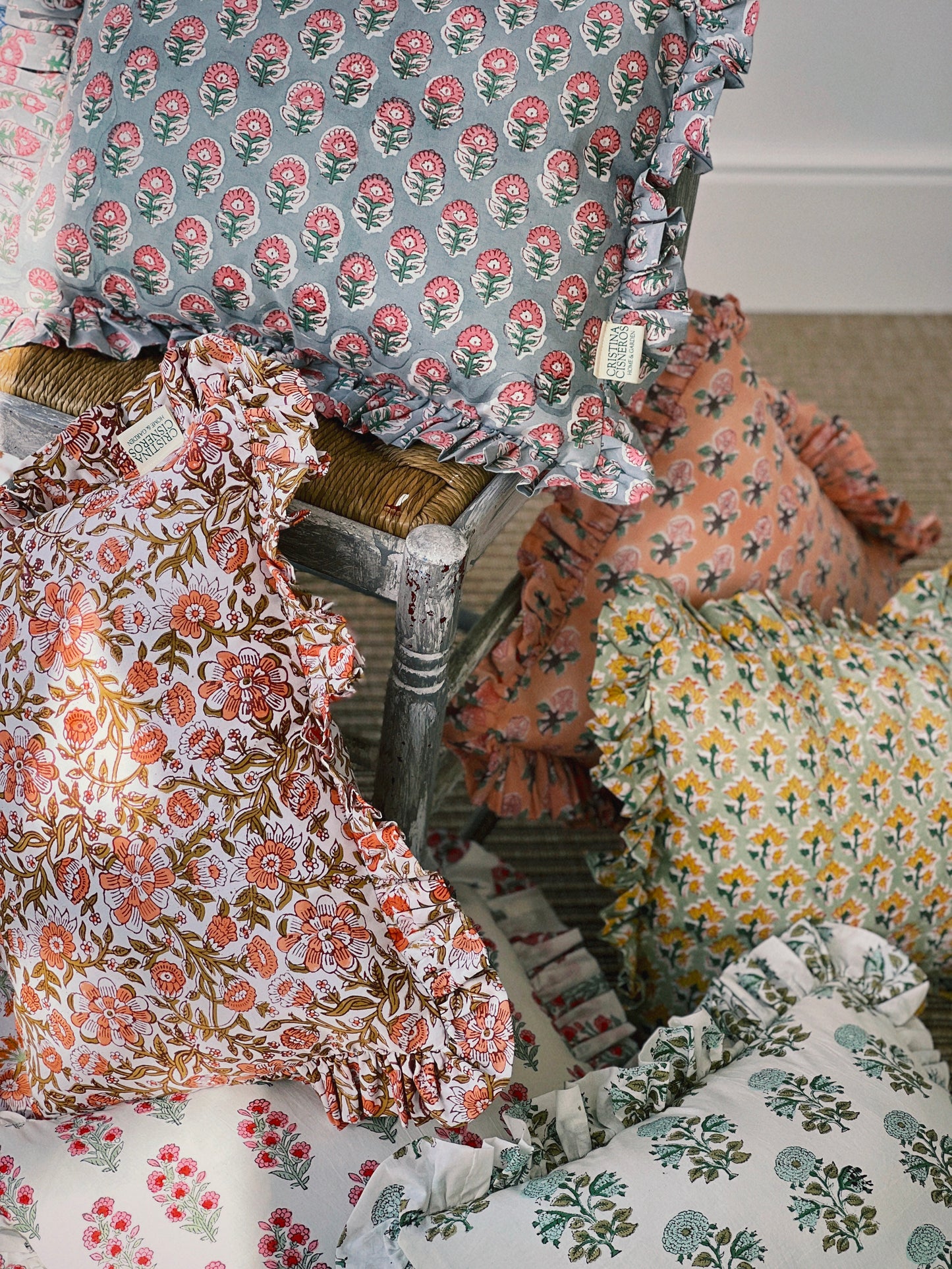 CUSHION RUFFLES BLOCK PRINT FLORAL GREEN YELLOW