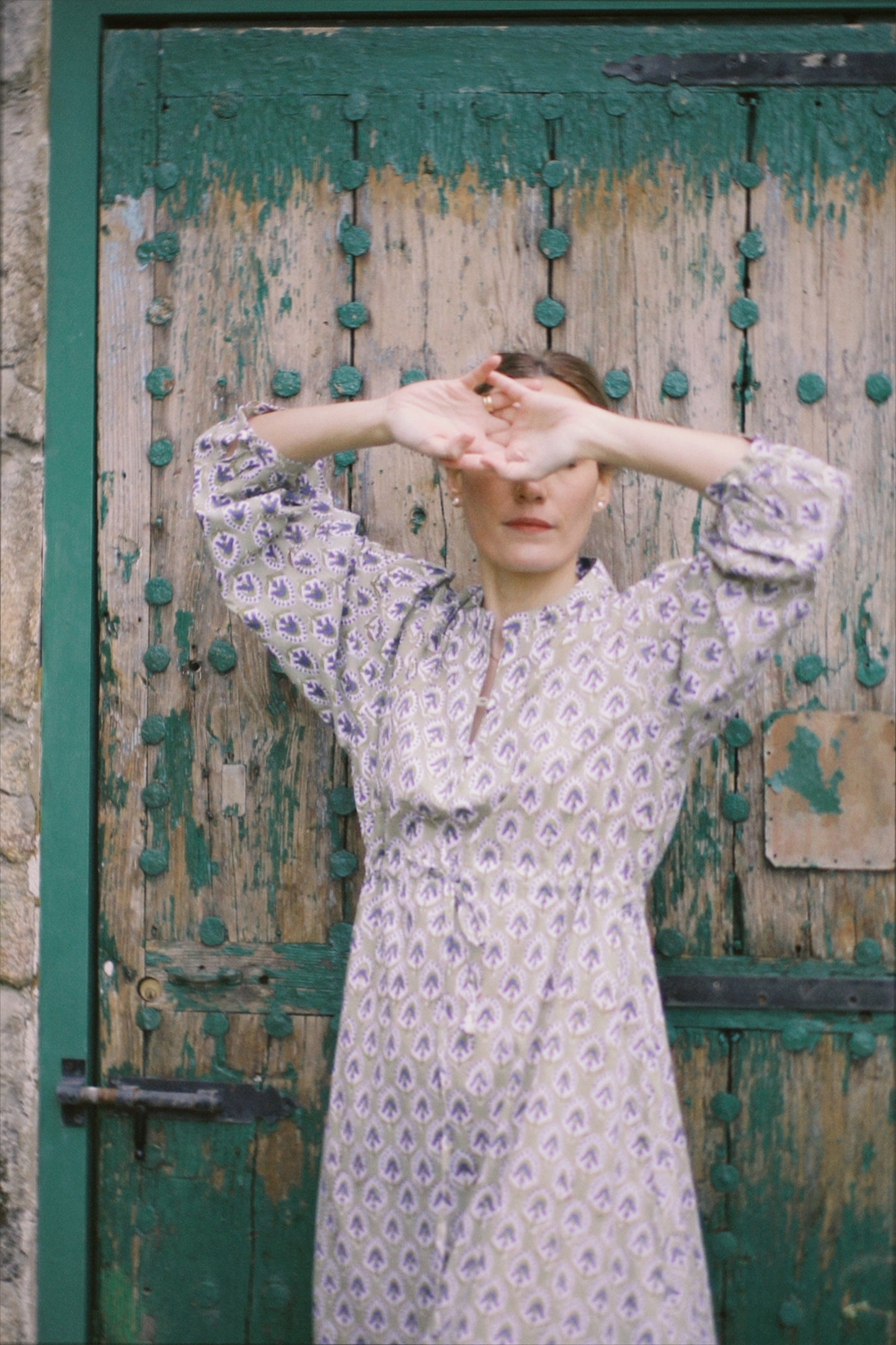 LONG FLORAL BLOCK PRINT GREEN DRESS