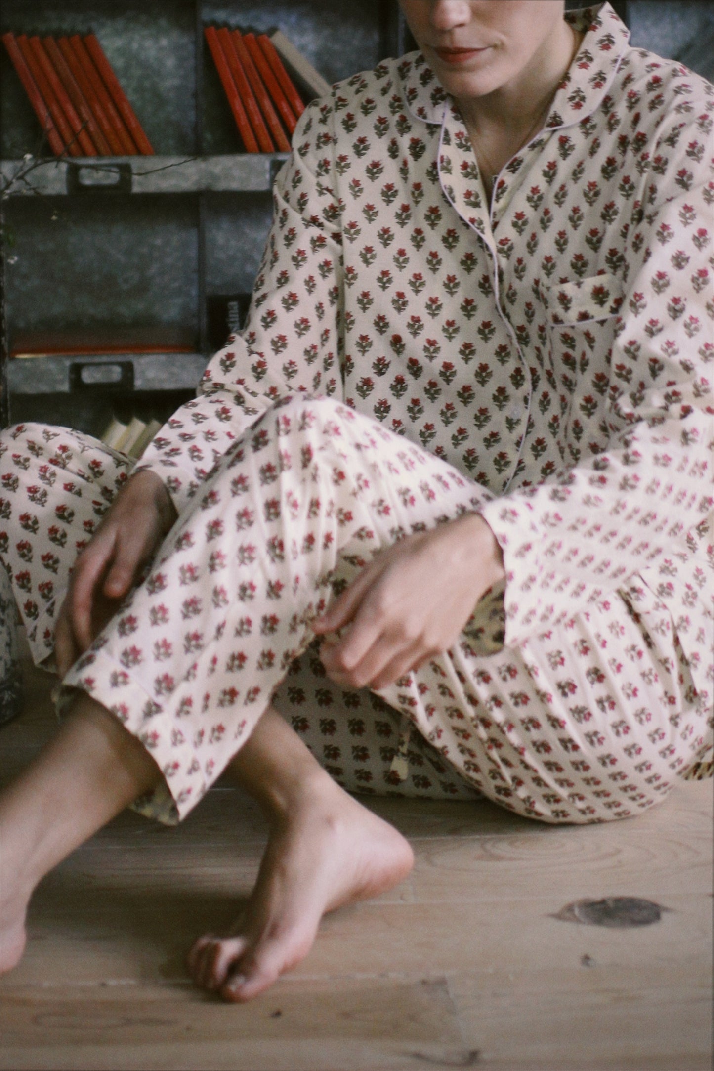 BLOCK PRINT LONG SLEEVE PAJAMAS BEIGE PINK