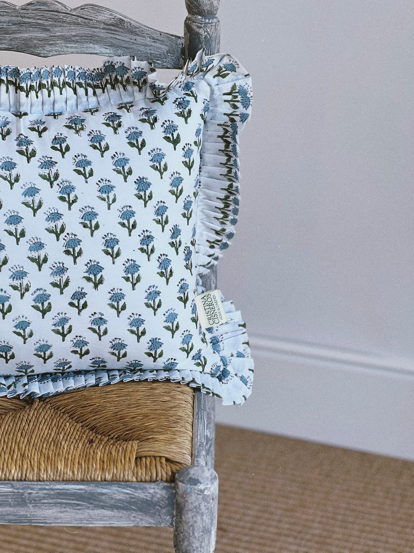 BLUE GREEN FLORAL BLOCK PRINT RUFFLE CUSHION