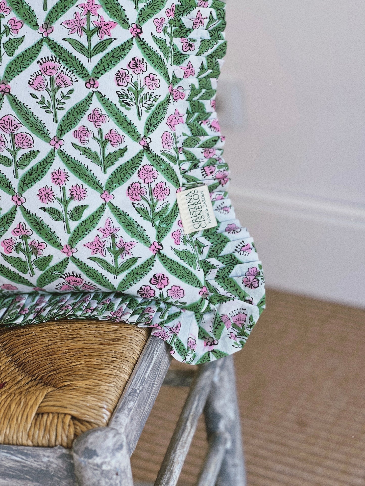 GREEN FLORAL BLOCK PRINT RUFFLE CUSHION