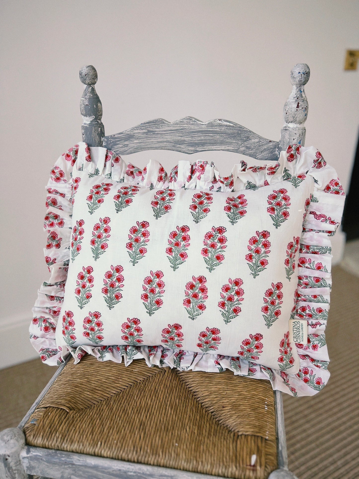 BLOCK PRINT FLORAL Ruffle Cushion XXX