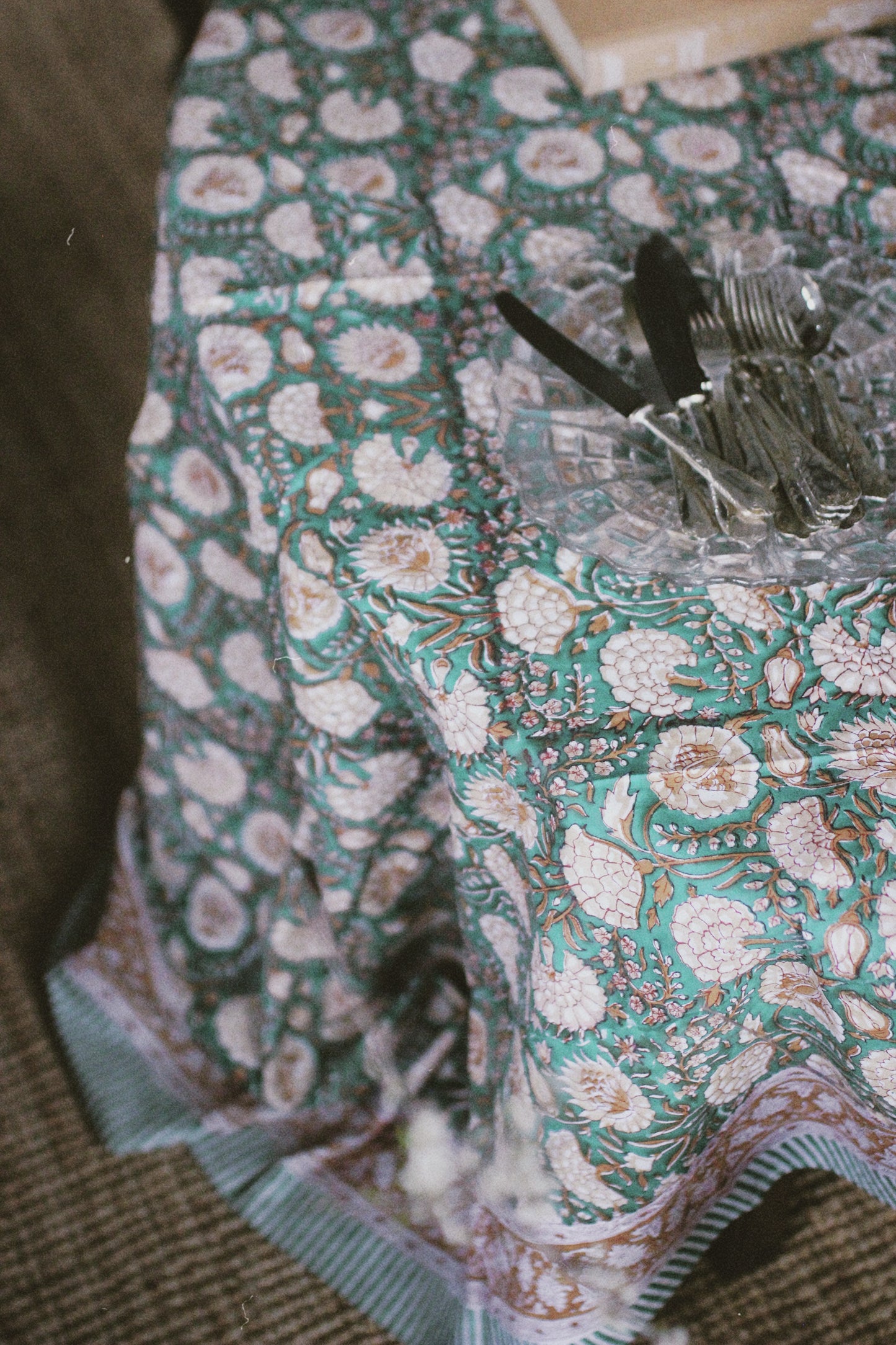 FLORAL TABLECLOTH BLOCK PRINT TURQUOISE GREEN