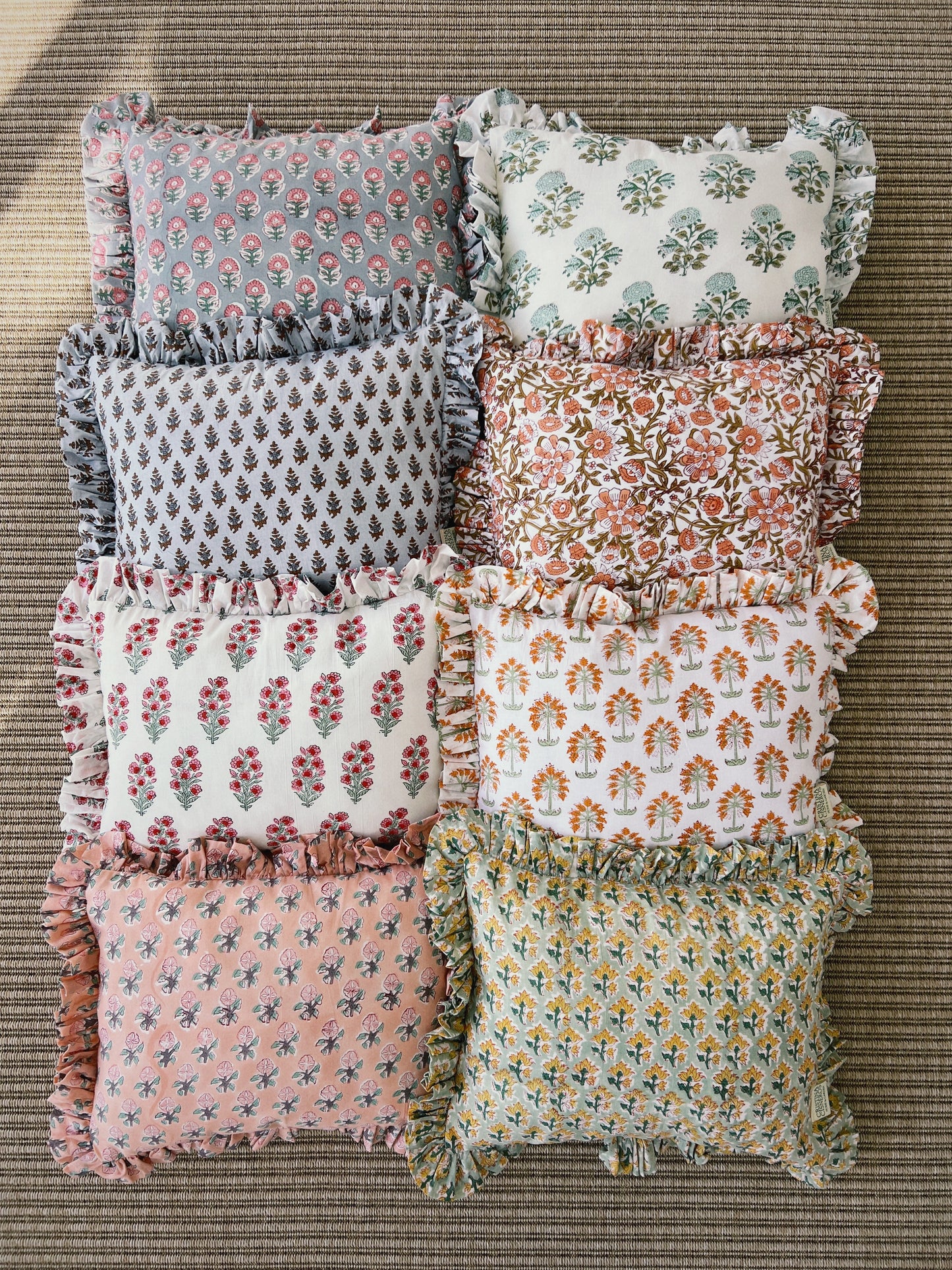 CORAL BRONZE FLORAL BLOCK PRINT RUFFLE CUSHION