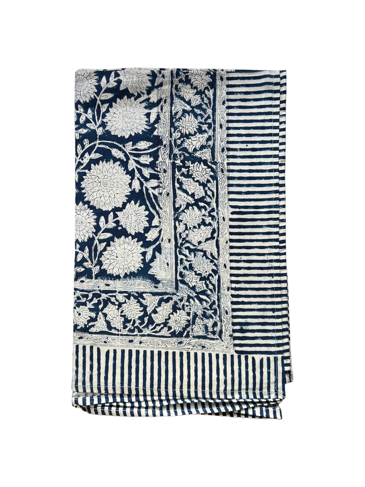 BLOCK PRINT FLORAL TABLECLOTH COBALT BLUE