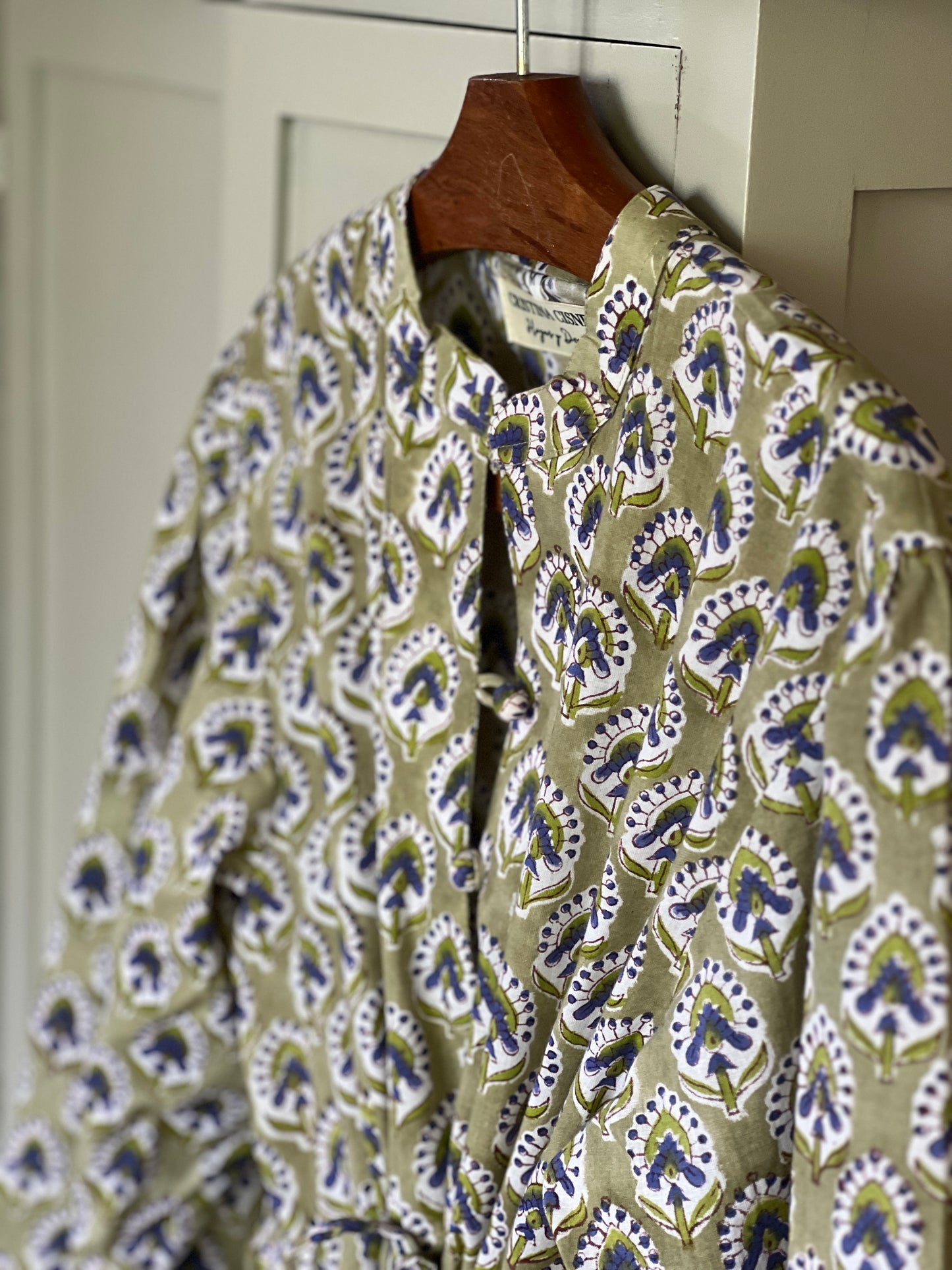 LONG FLORAL BLOCK PRINT GREEN DRESS