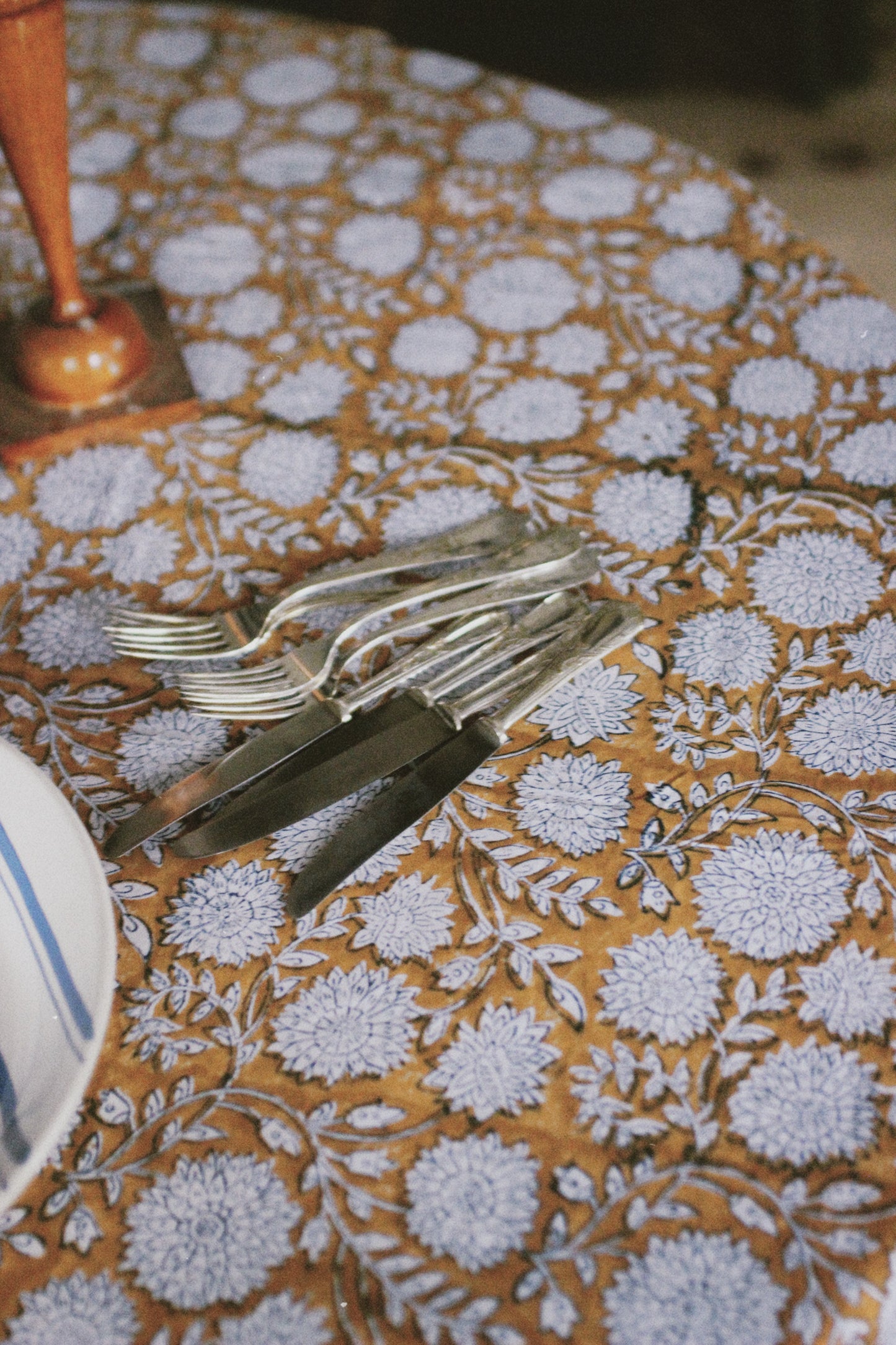 FLORAL TABLECLOTH BLOCK PRINT YELLOW OCHER