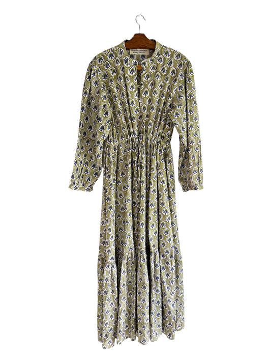 LONG FLORAL BLOCK PRINT GREEN DRESS
