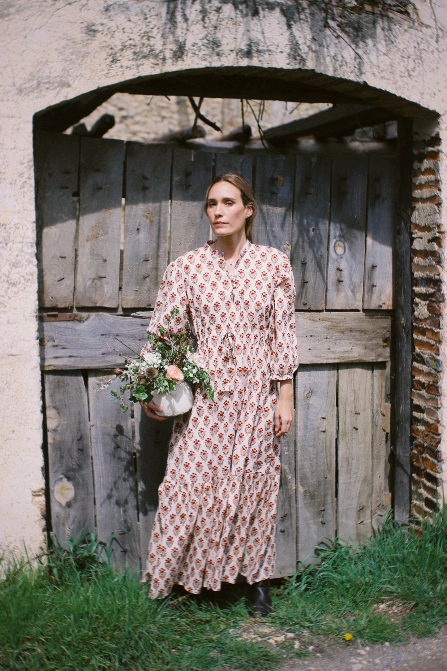 LONG FLORAL BLOCK PRINT BEIGE RED DRESS