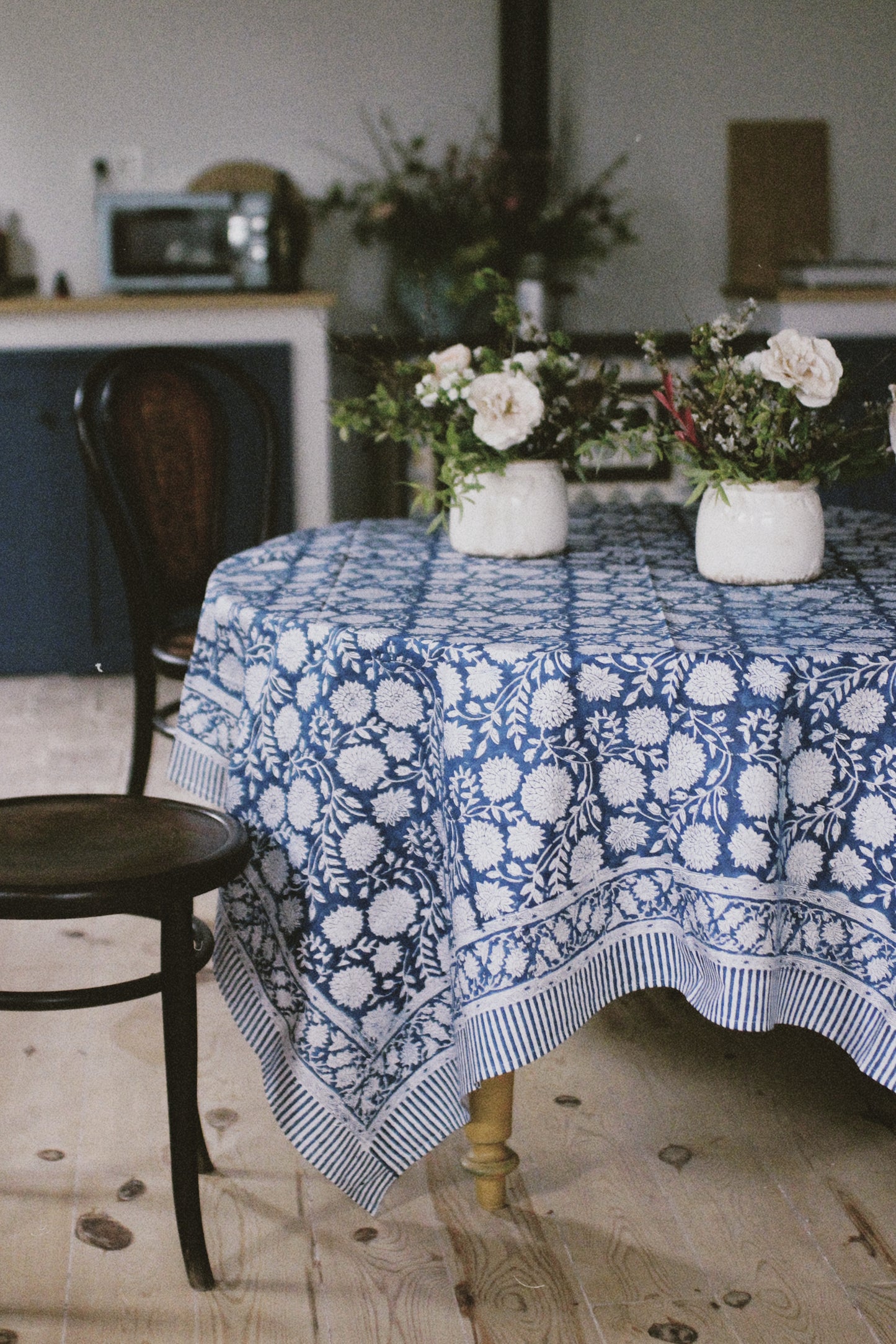 BLOCK PRINT FLORAL TABLECLOTH COBALT BLUE