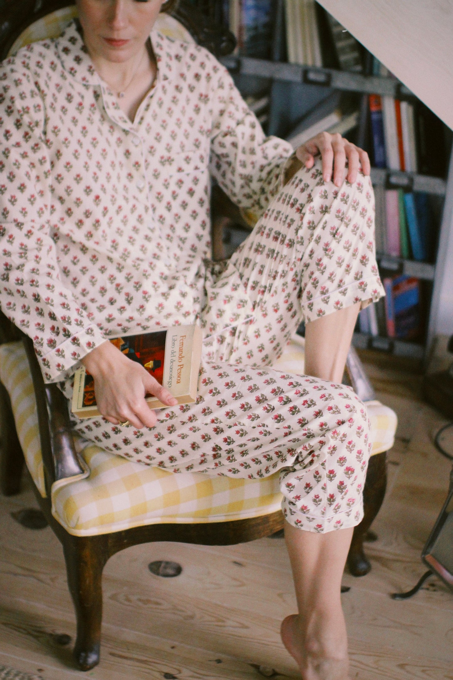 BLOCK PRINT LONG SLEEVE PAJAMAS BEIGE PINK