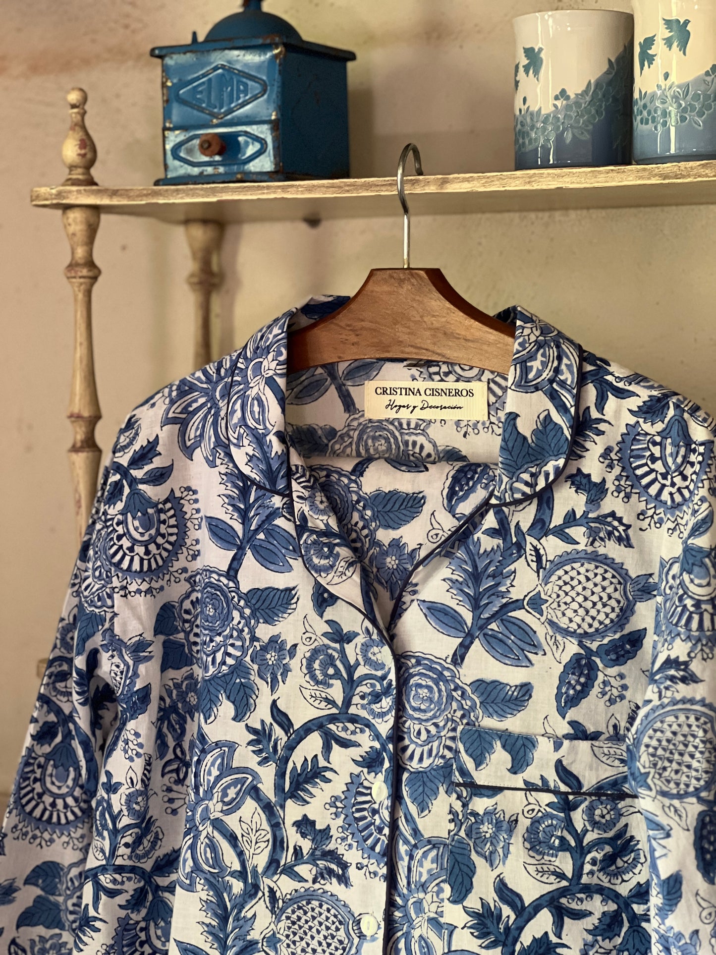 BLUE FLORAL BLOCK PRINT LONG SLEEVE PAJAMAS