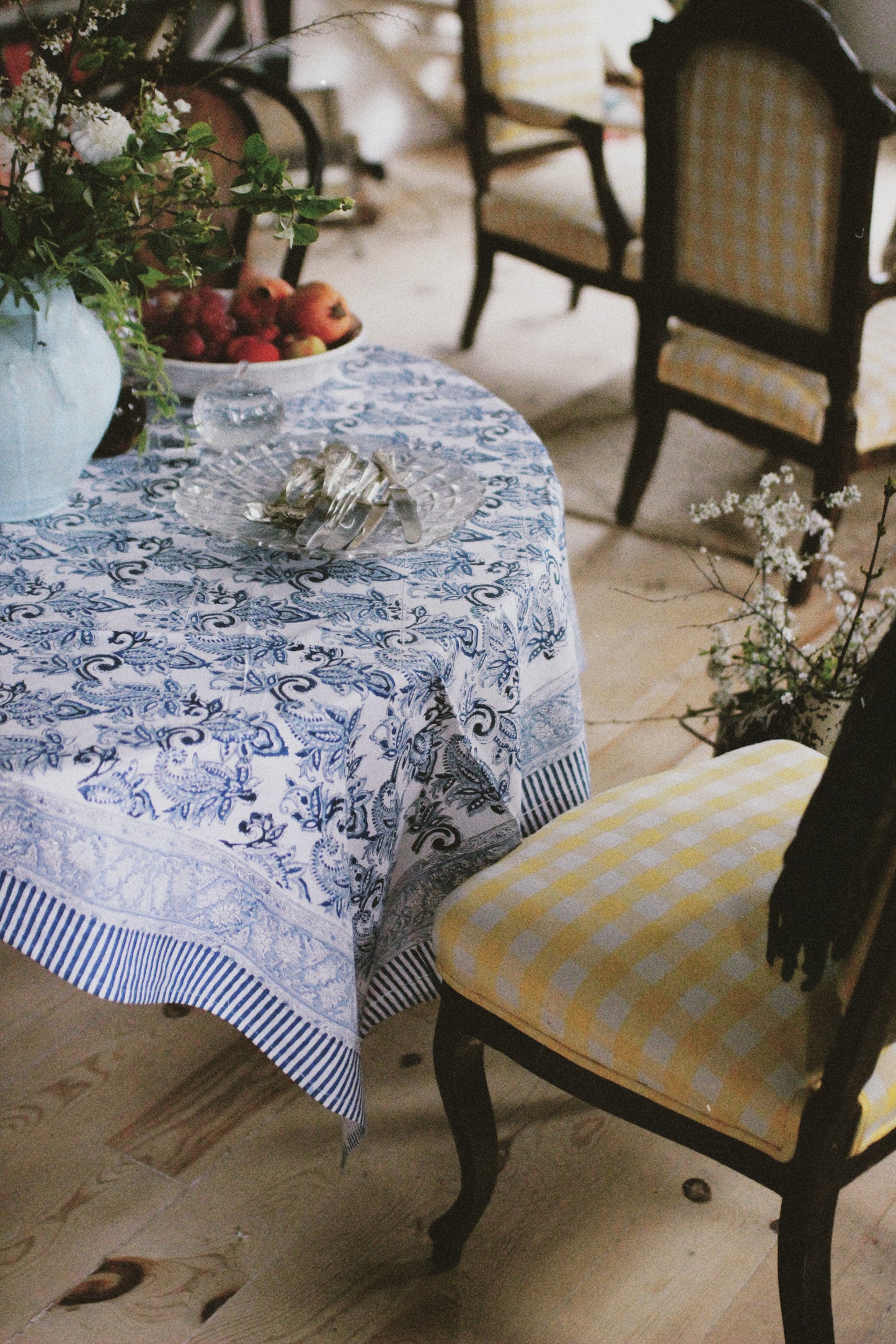 BLUE FLORAL BLOCK PRINT TABLECLOTH