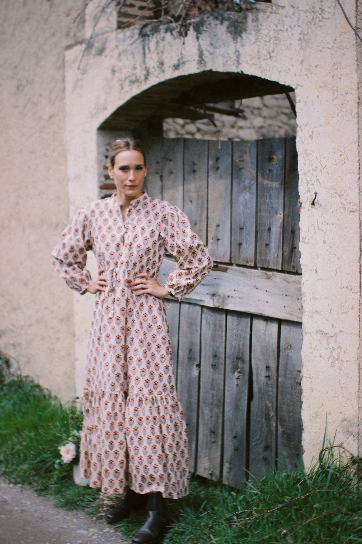 LONG FLORAL BLOCK PRINT BEIGE RED DRESS