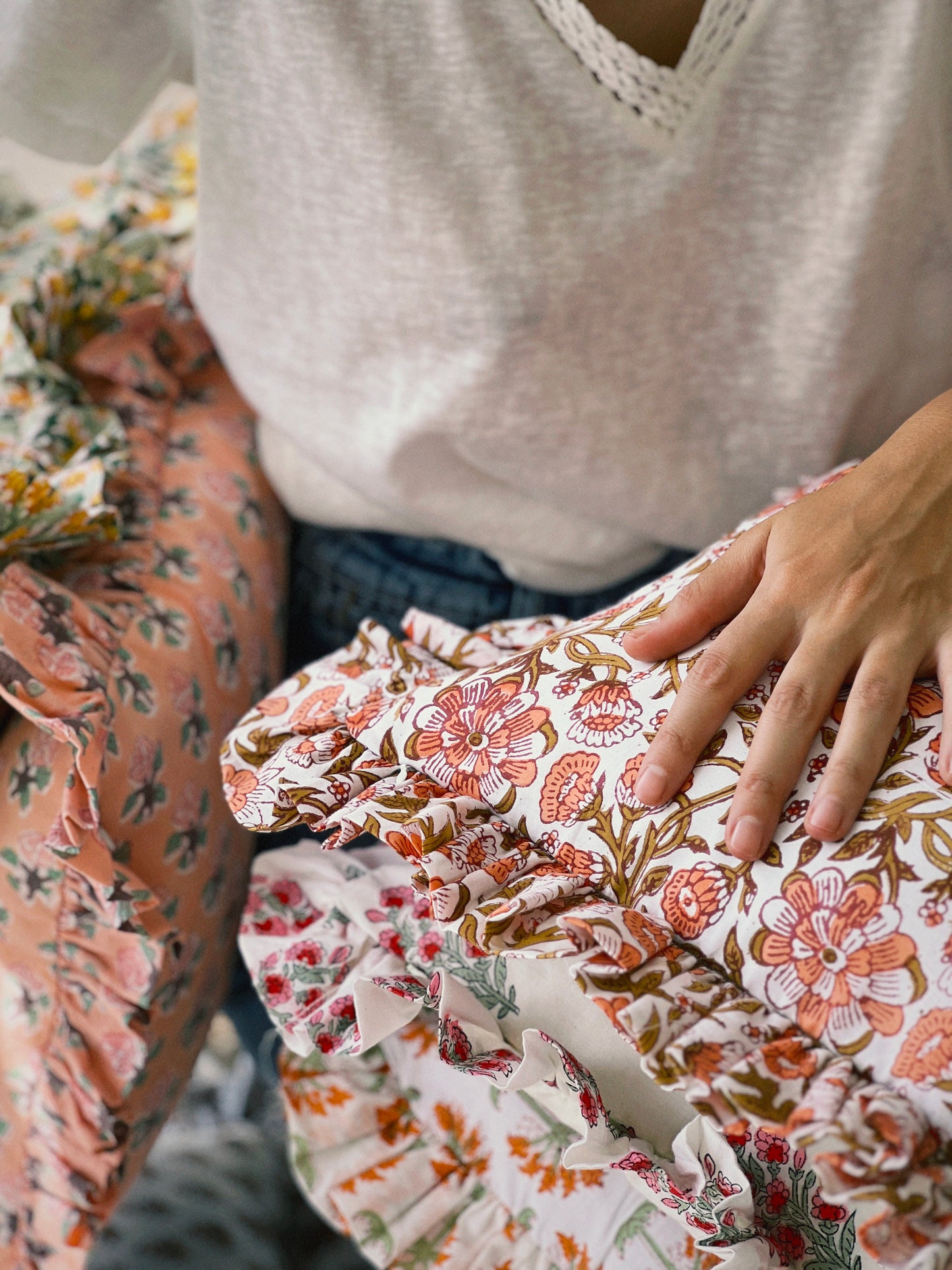 CORAL BRONZE FLORAL BLOCK PRINT RUFFLE CUSHION