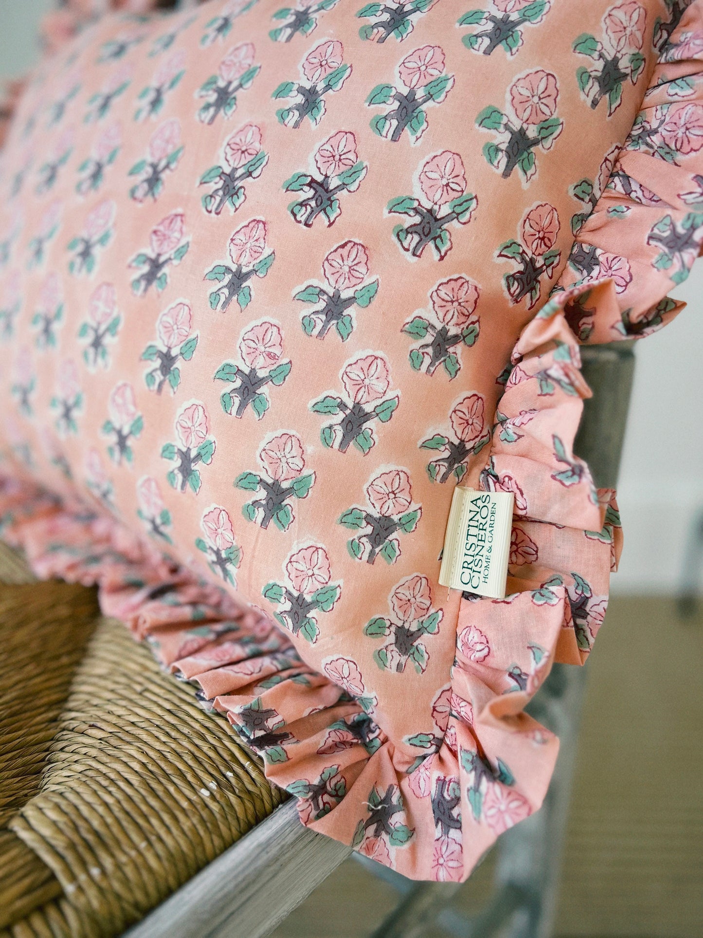 PINK GREEN FLORAL BLOCK PRINT RUFFLE CUSHION