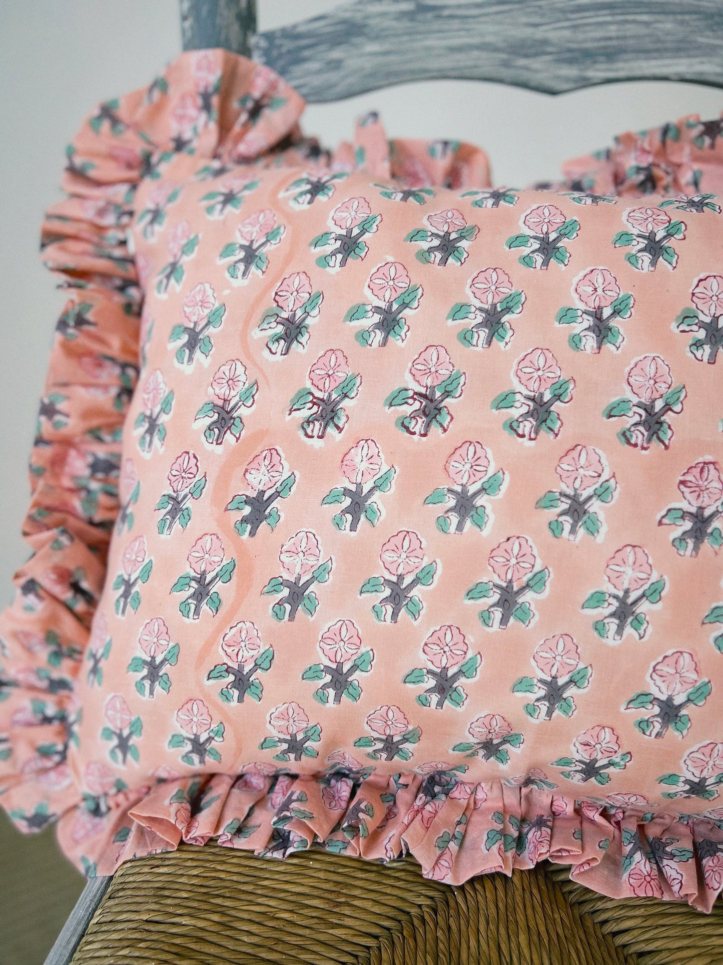 PINK GREEN FLORAL BLOCK PRINT RUFFLE CUSHION