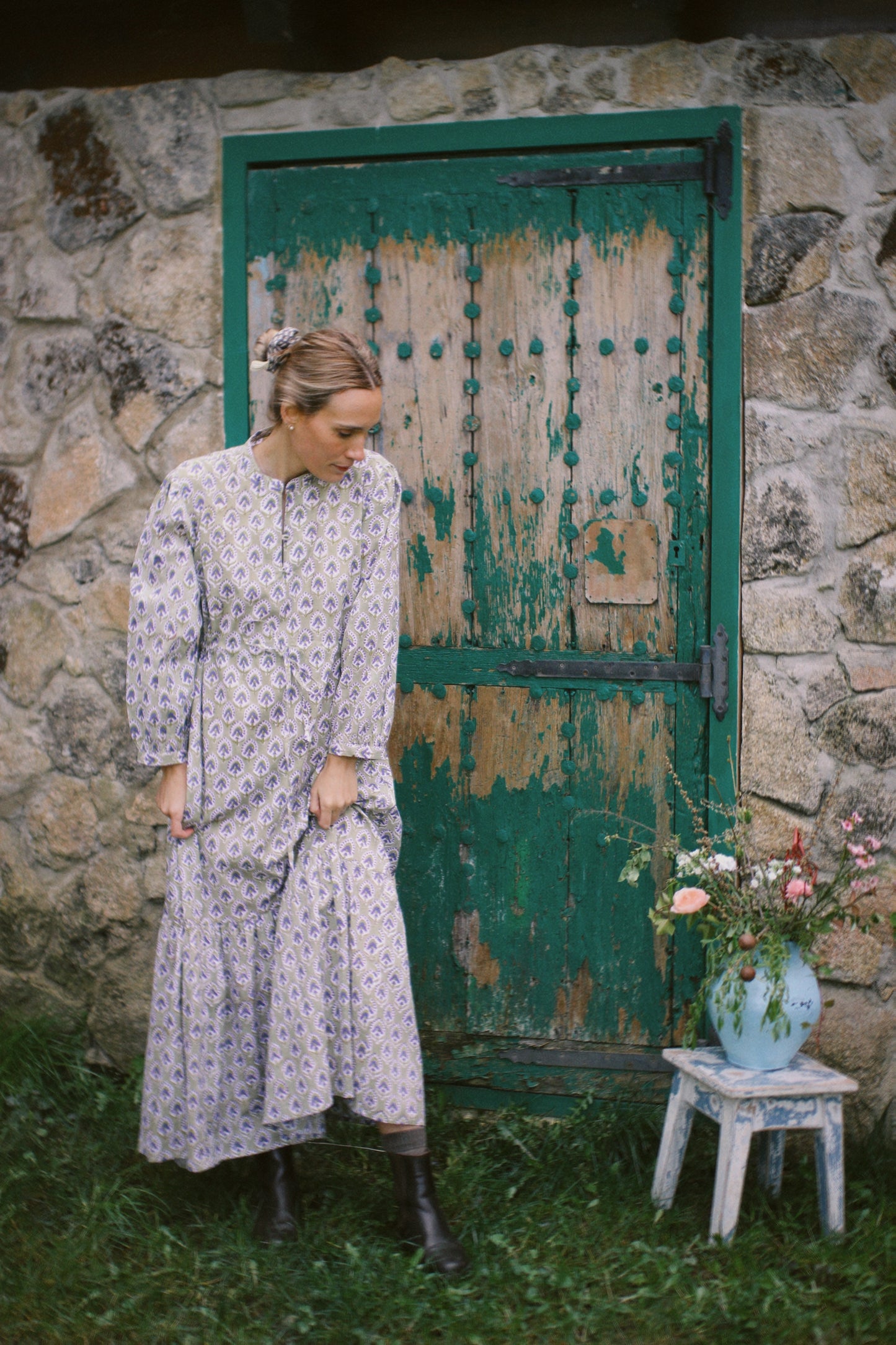 LONG FLORAL BLOCK PRINT GREEN DRESS