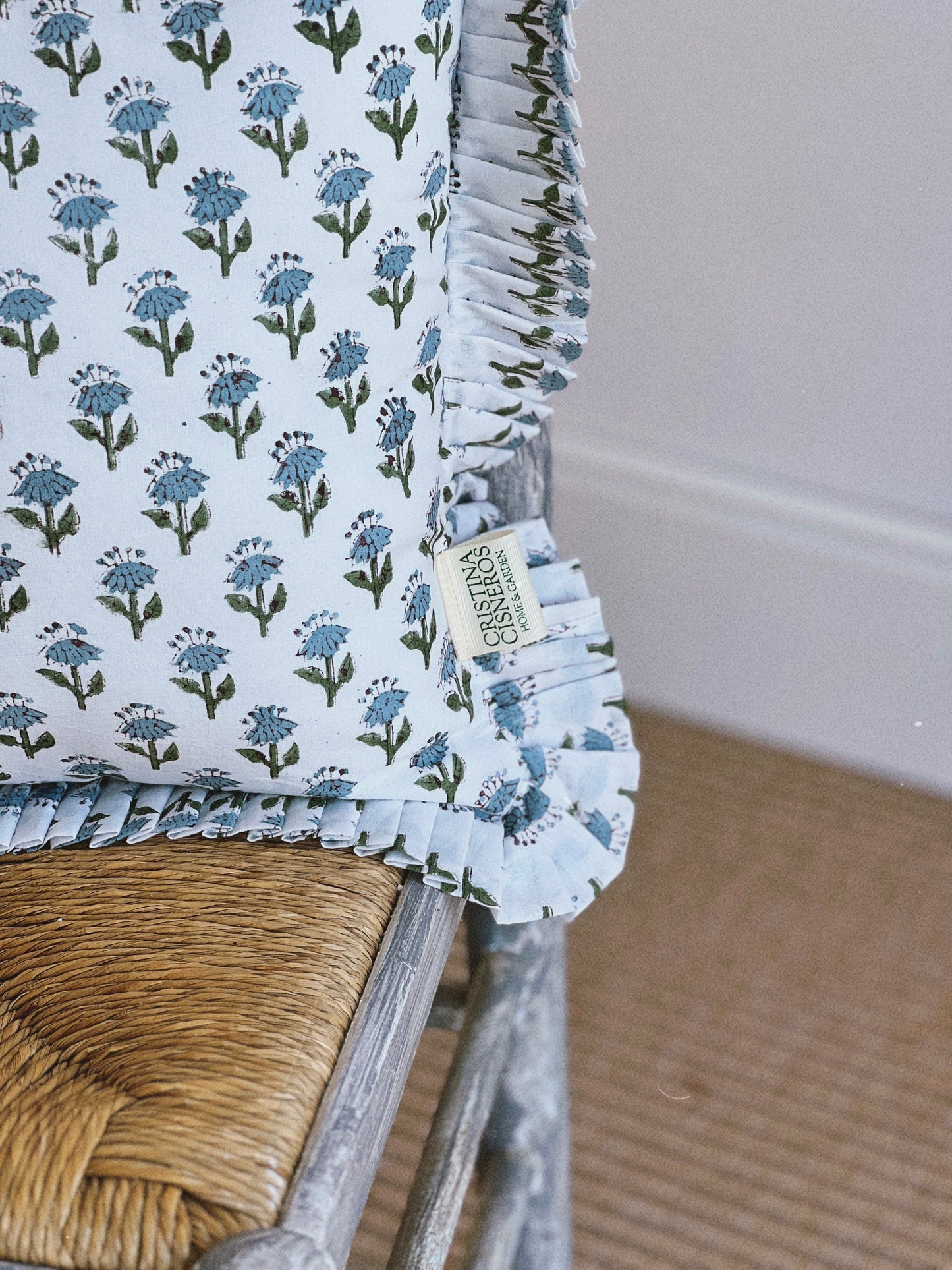 BLUE GREEN FLORAL BLOCK PRINT RUFFLE CUSHION