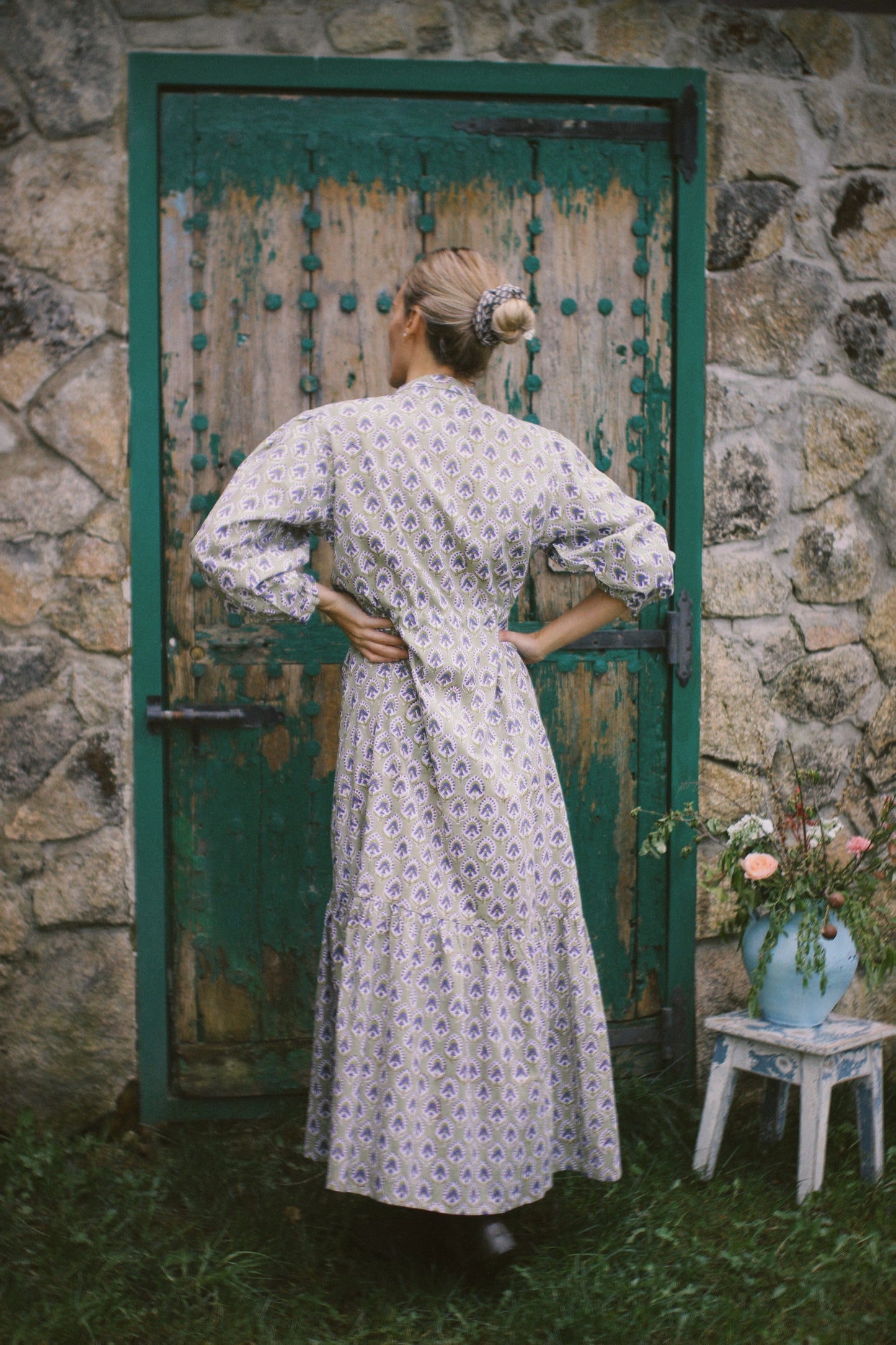 LONG FLORAL BLOCK PRINT GREEN DRESS