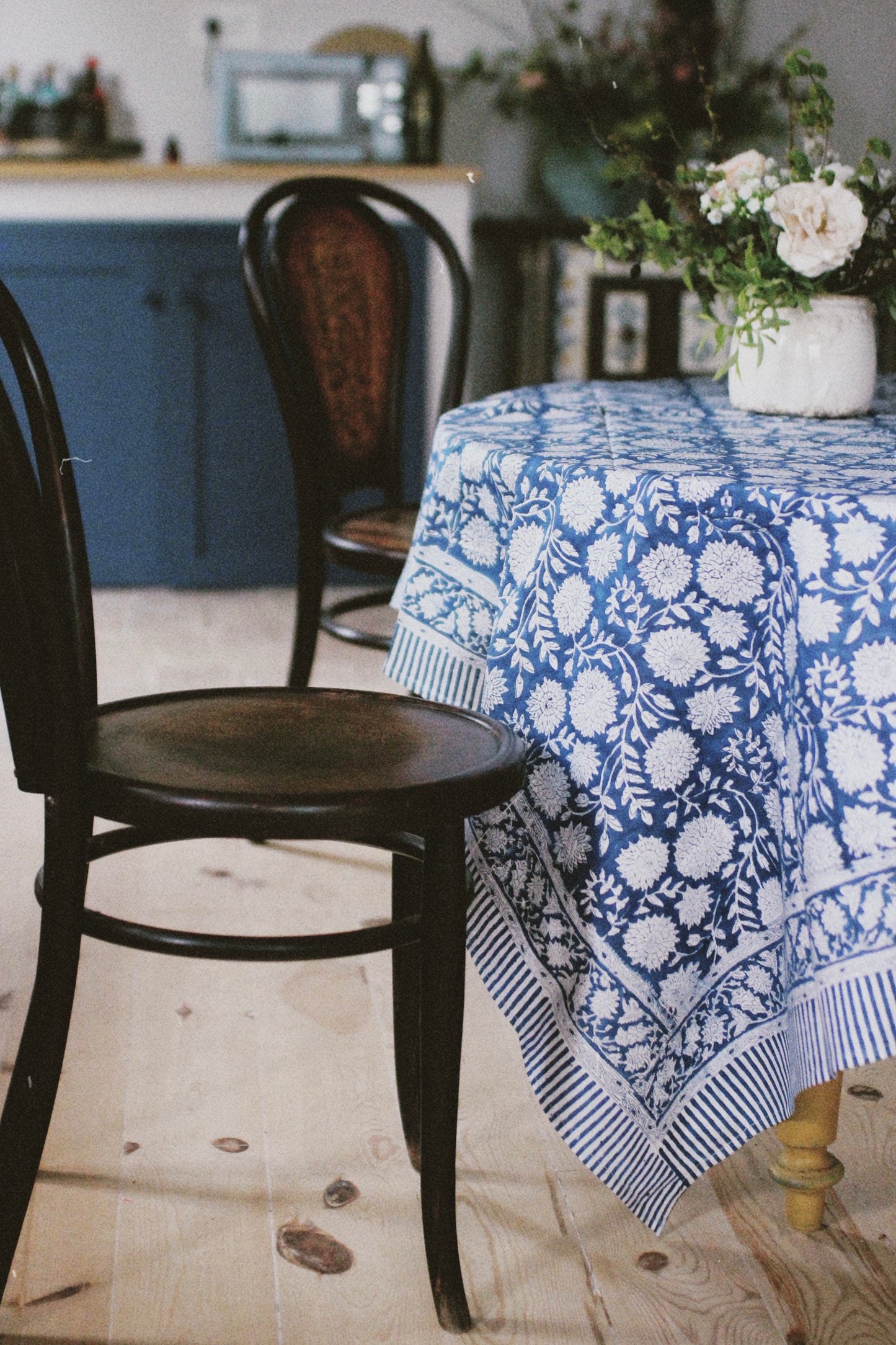 BLOCK PRINT FLORAL TABLECLOTH COBALT BLUE