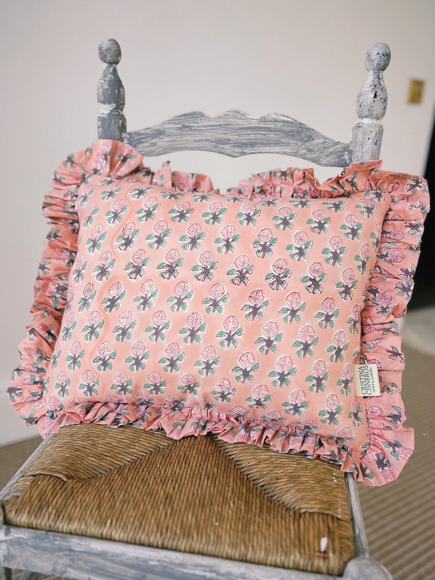 PINK GREEN FLORAL BLOCK PRINT RUFFLE CUSHION