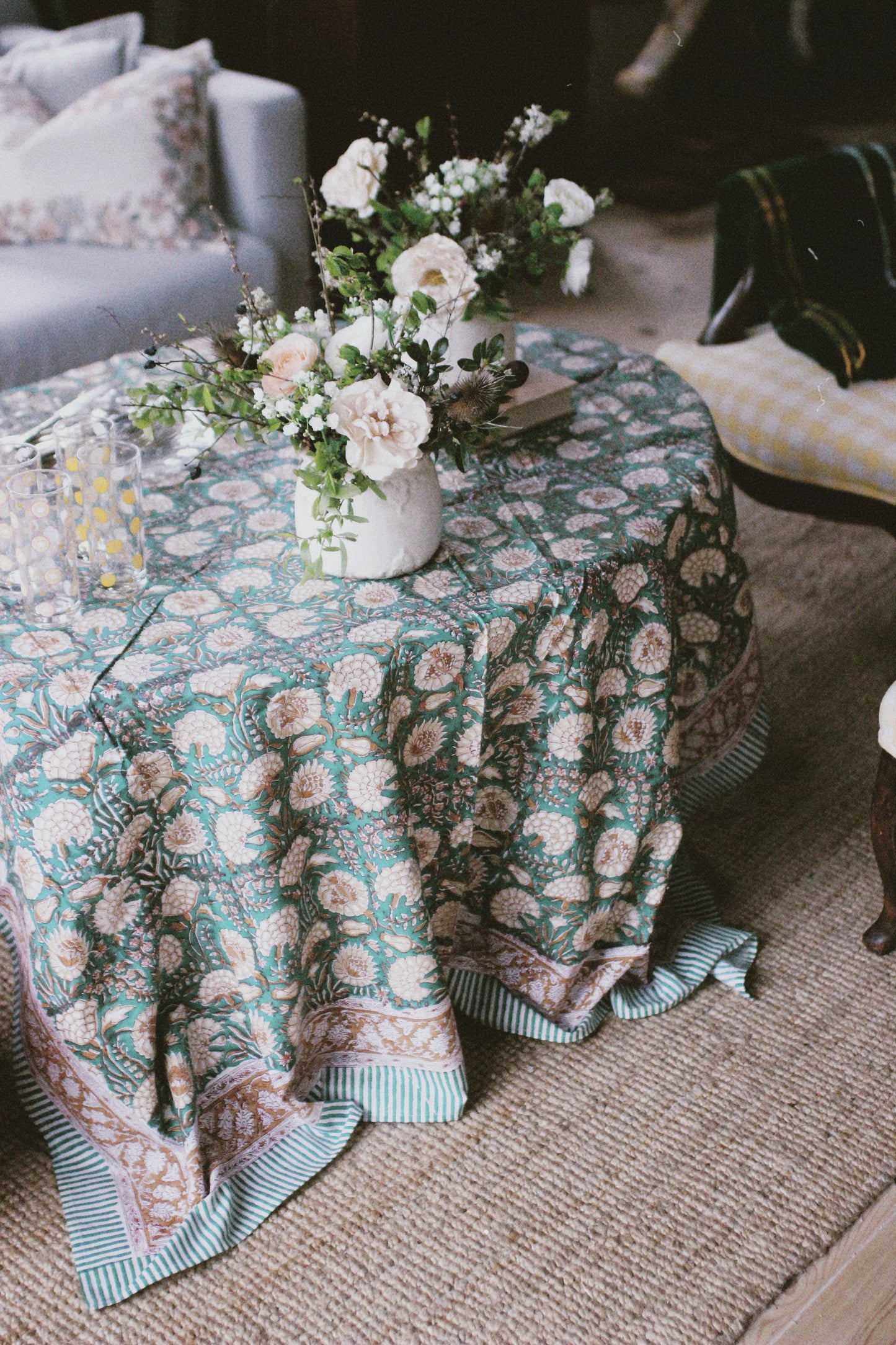 FLORAL TABLECLOTH BLOCK PRINT TURQUOISE GREEN