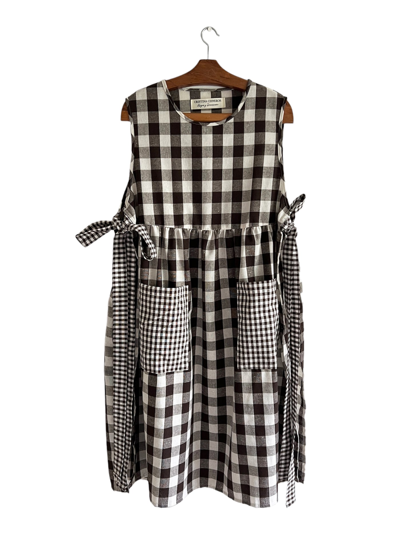 BROWN VICHY LINEN APRON WITH BOW